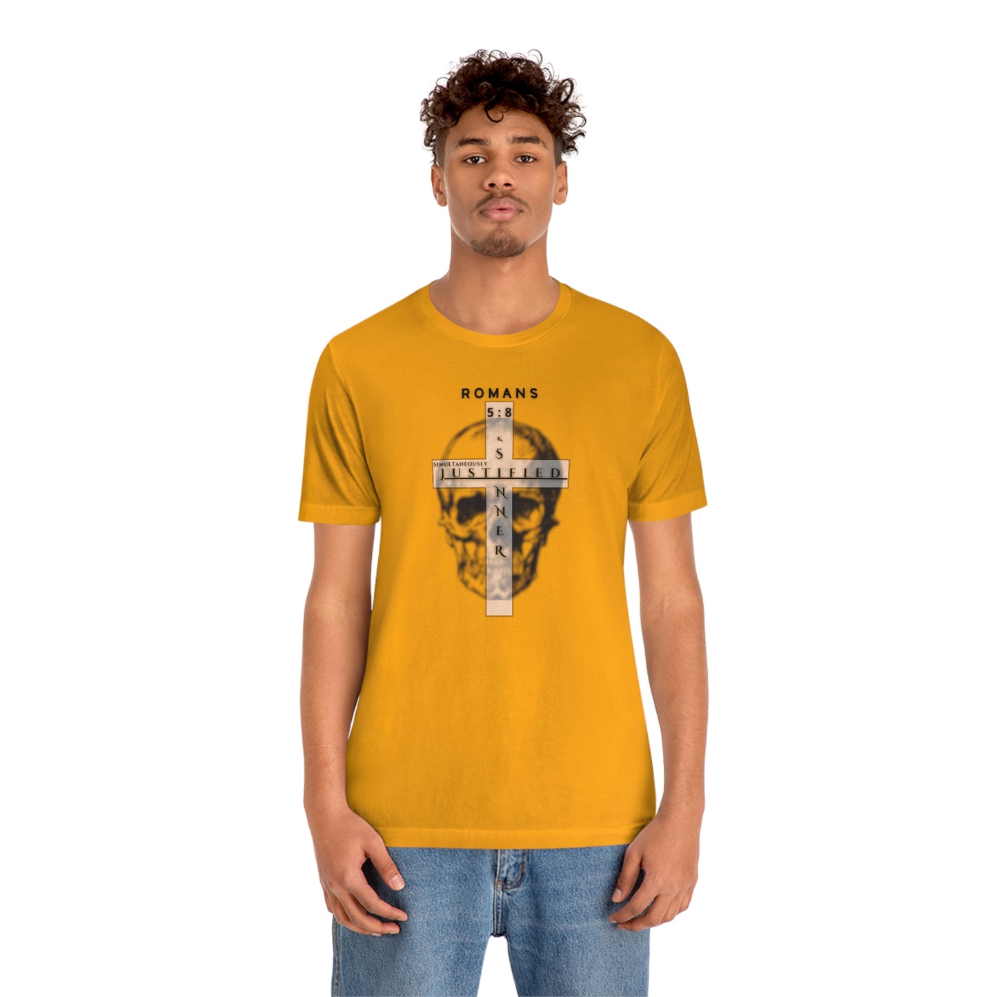 Men's Justified & Sinner (Romans 5:8) [Black Art] Short Sleeve T-Shirt