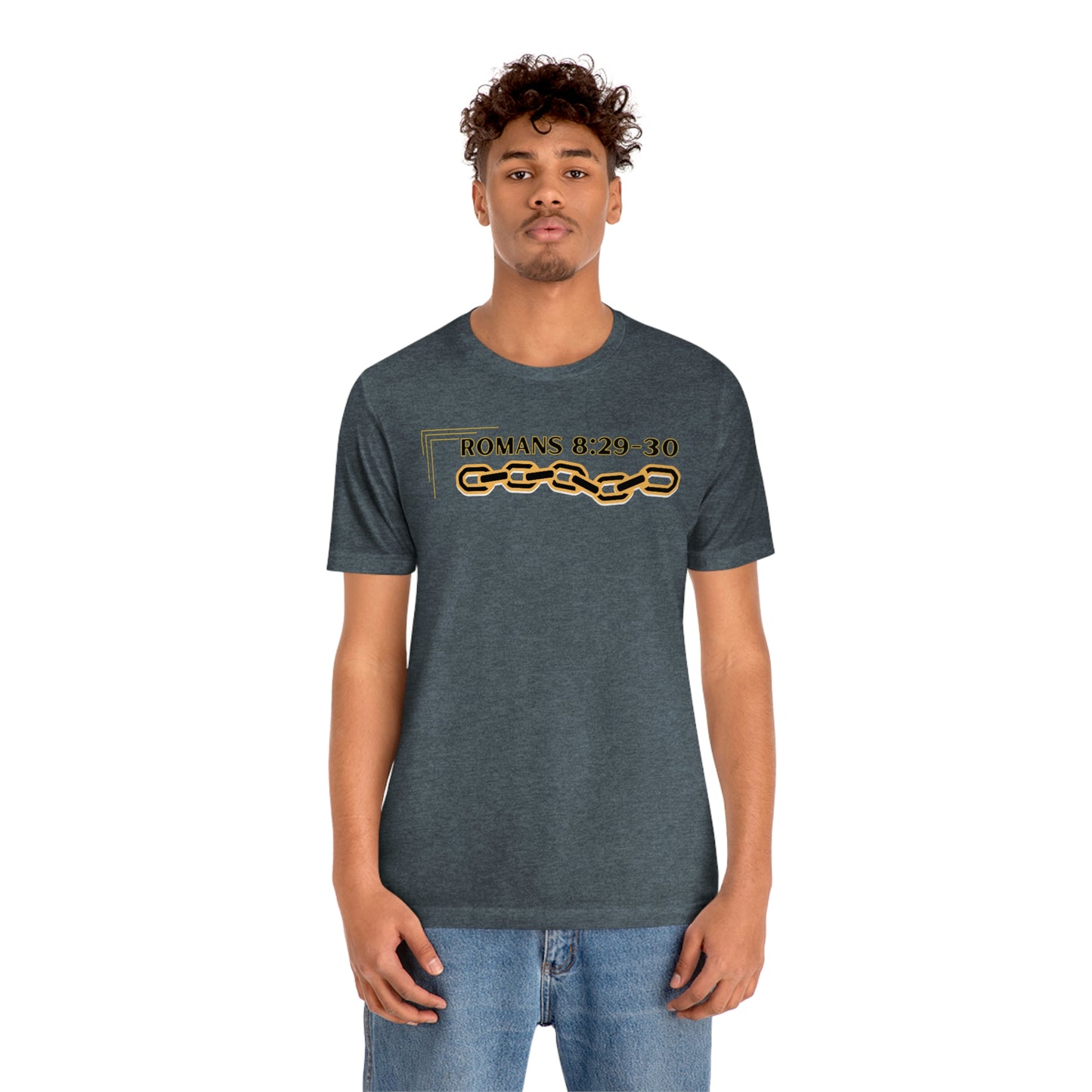 Unisex Golden Chain of Redemption (Romans 8:28-29) [Black] Short Sleeve T-Shirt