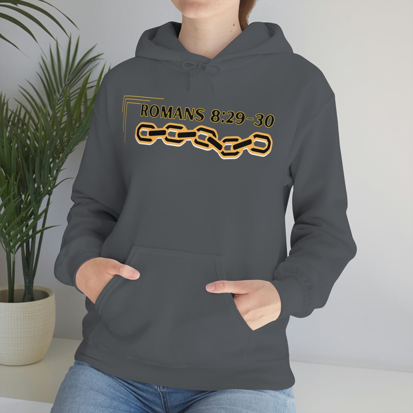 Unisex Golden Chain of Redemption (Romans 8:28-29) [Black] Heavy Blend™ Hooded Sweatshirt