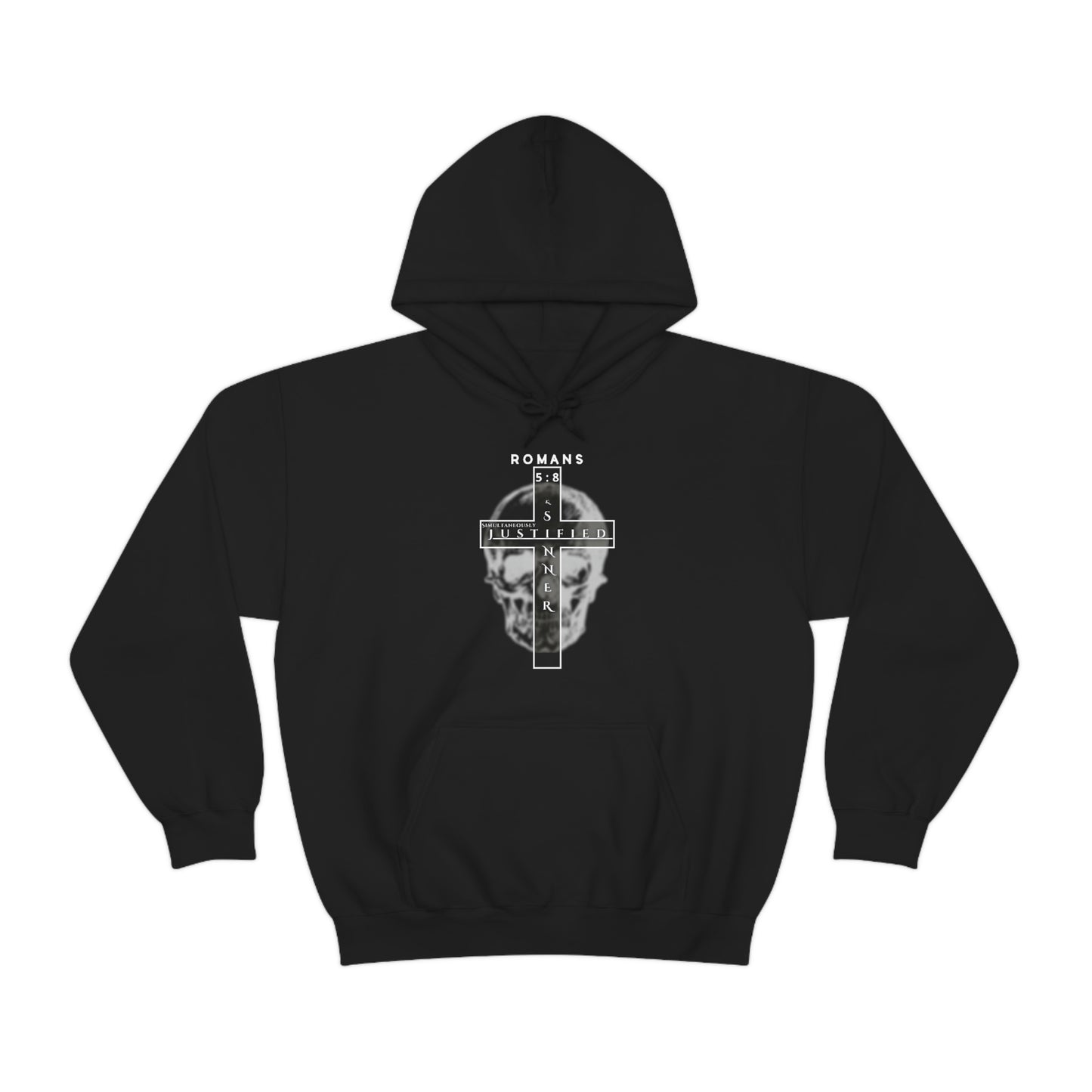 Men's Justified & Sinner (Romans 5:8) [White Art] Heavy Blend™ Hooded Sweatshirt