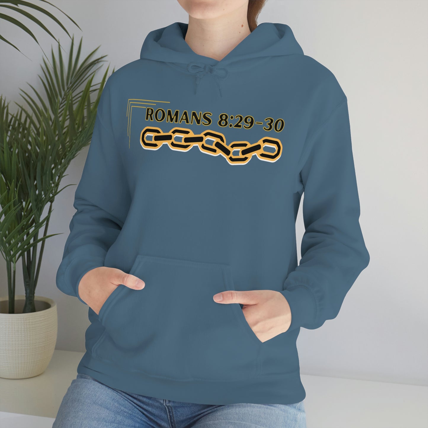 Unisex Golden Chain of Redemption (Romans 8:28-29) [Black] Heavy Blend™ Hooded Sweatshirt