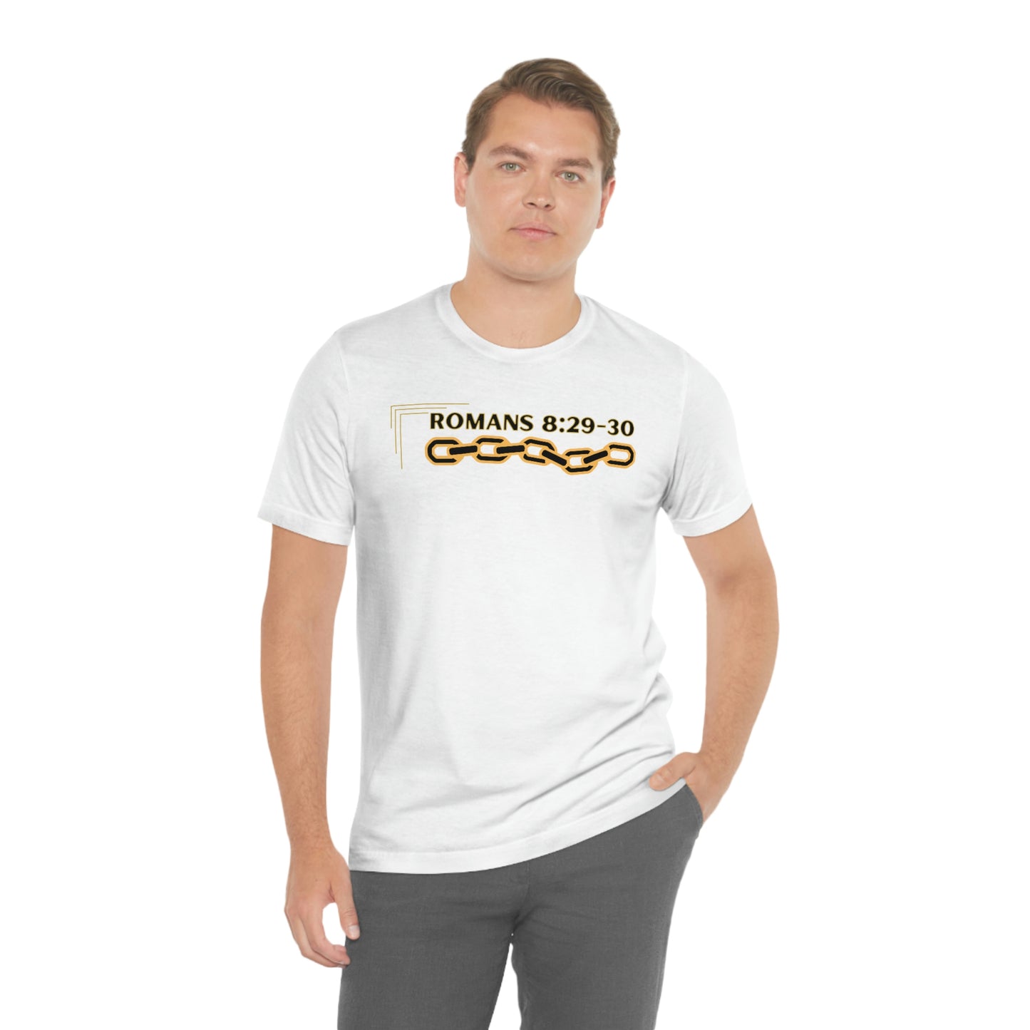 Unisex Golden Chain of Redemption (Romans 8:28-29) [Black] Short Sleeve T-Shirt