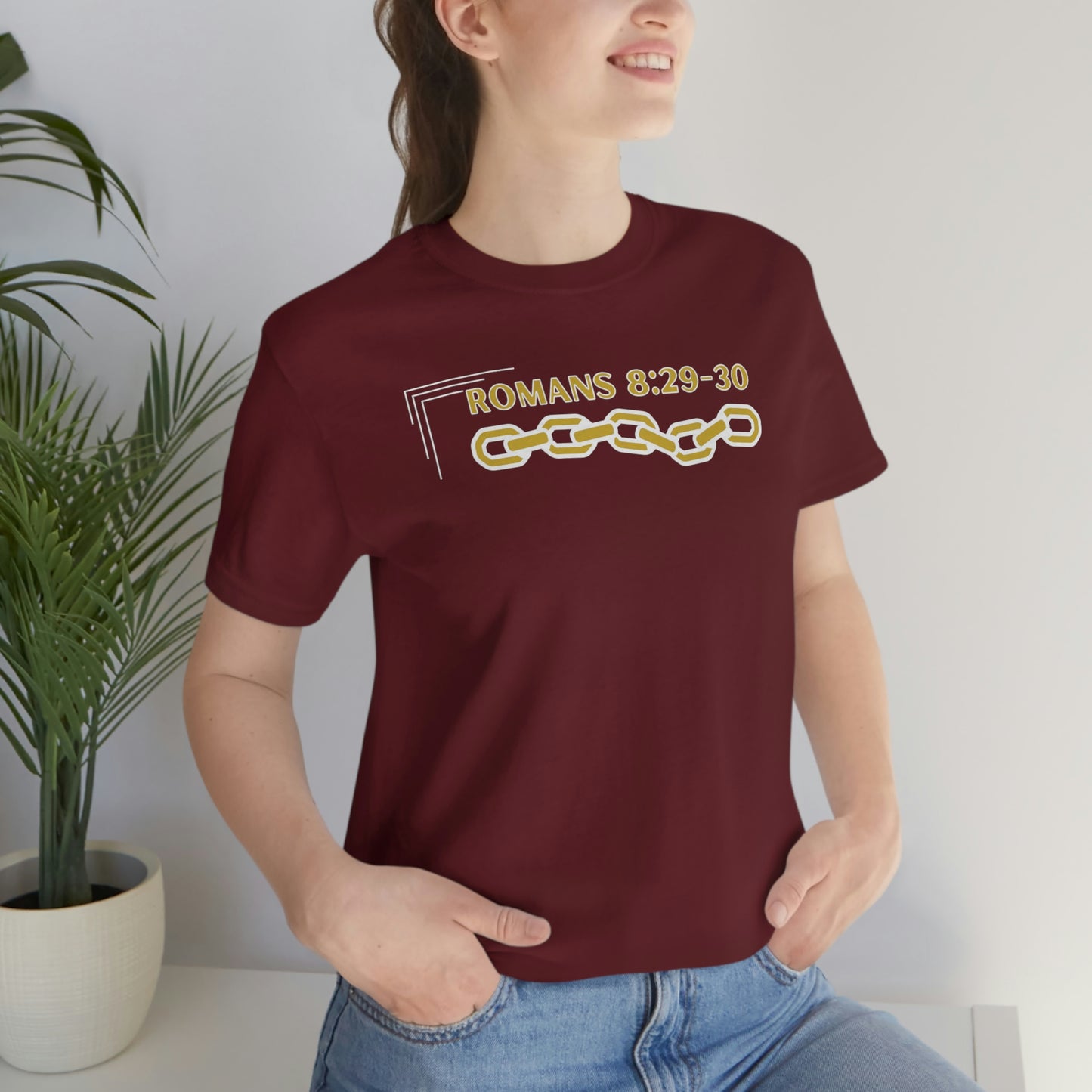 Unisex Golden Chain of Redemption (Romans 8:28-29) [White] Short Sleeve T-Shirt