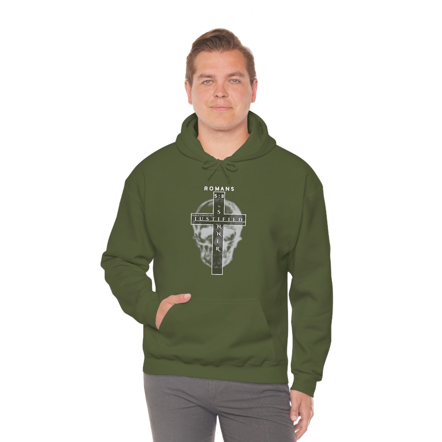 Men's Justified & Sinner (Romans 5:8) [White Art] Heavy Blend™ Hooded Sweatshirt