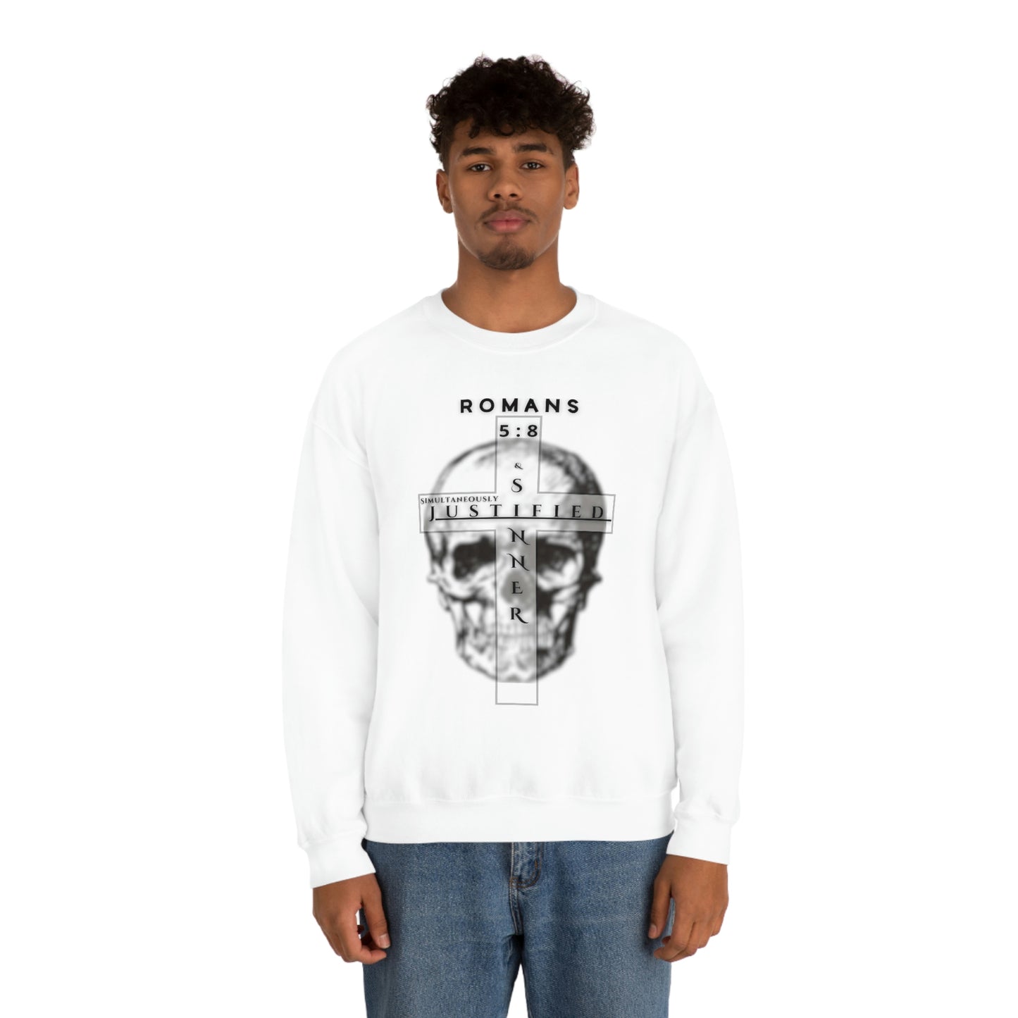 Men's Justified & Sinner (Romans 5:8) [Black Art] Heavy Blend™ Crewneck Sweatshirt