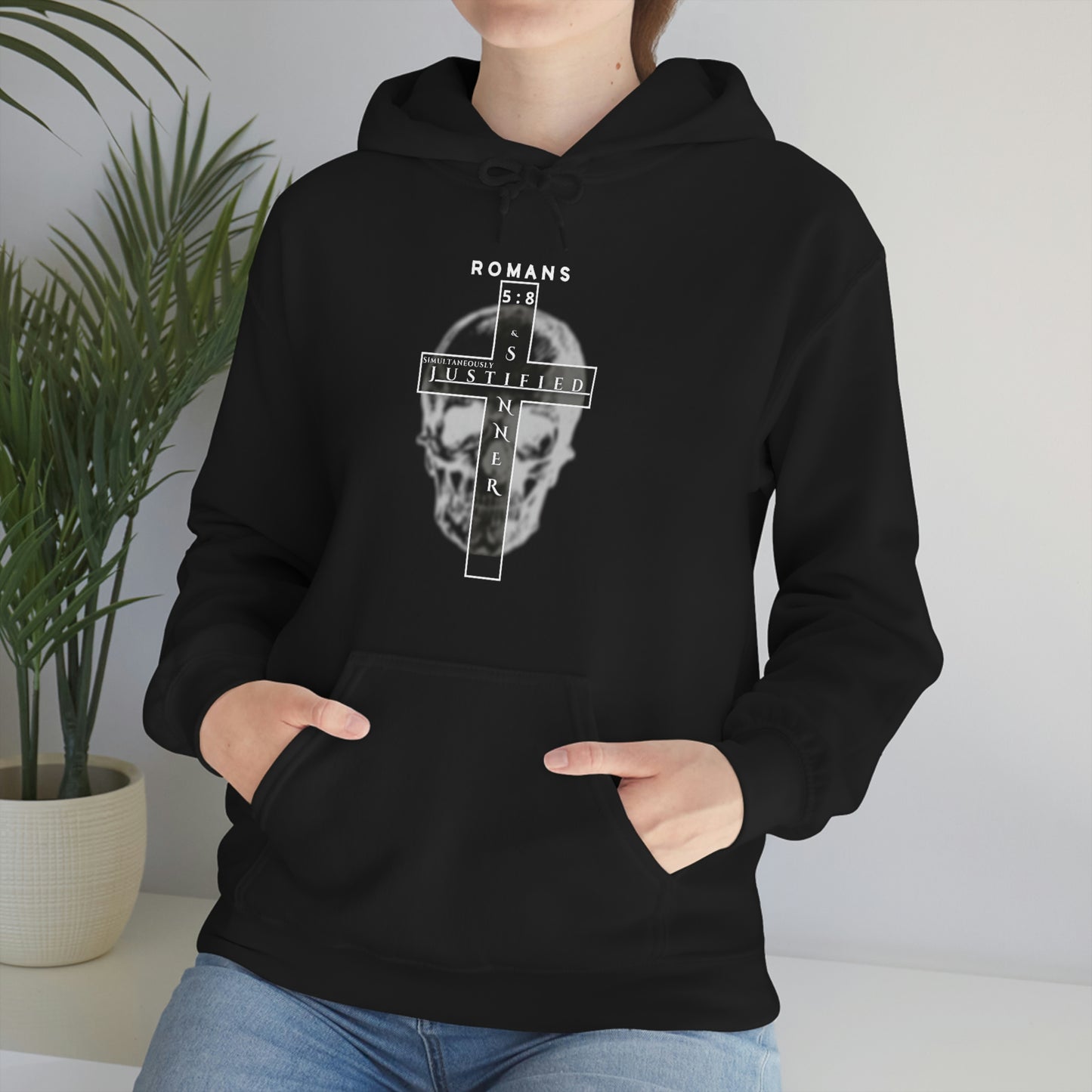 Men's Justified & Sinner (Romans 5:8) [White Art] Heavy Blend™ Hooded Sweatshirt