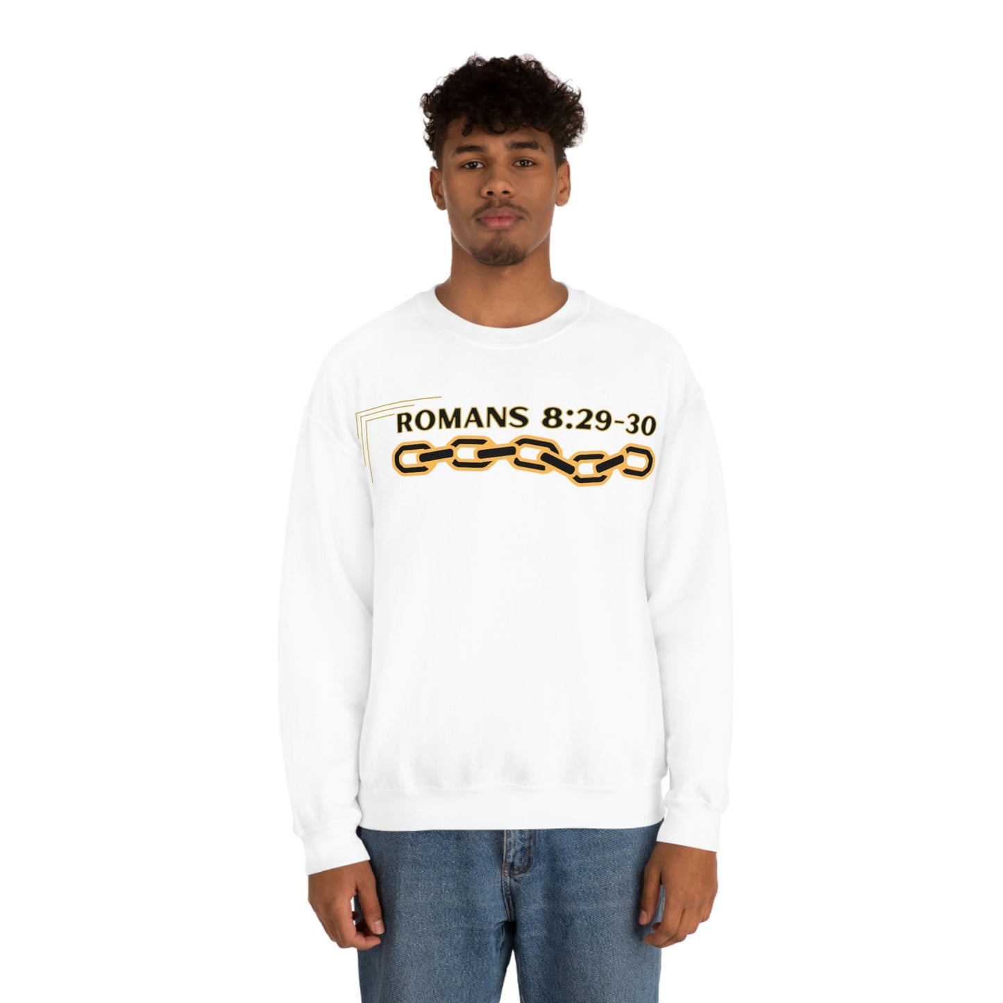 Unisex Golden Chain of Redemption (Romans 8:28-29) [Black] Heavy Blend™ Crewneck Sweatshirt