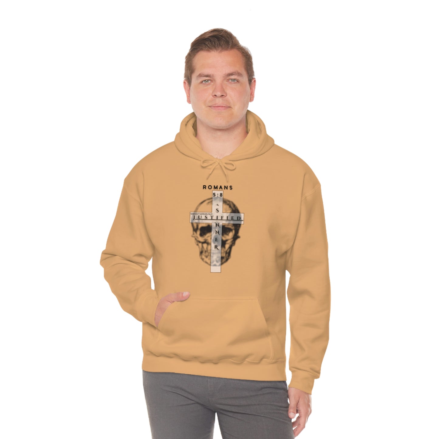 Men's Justified & Sinner (Romans 5:8) [Black Art] Heavy Blend™ Hooded Sweatshirt