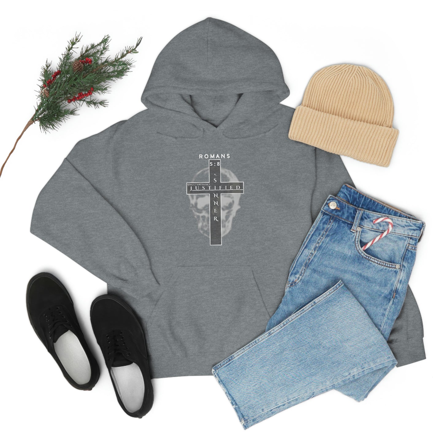 Men's Justified & Sinner (Romans 5:8) [White Art] Heavy Blend™ Hooded Sweatshirt