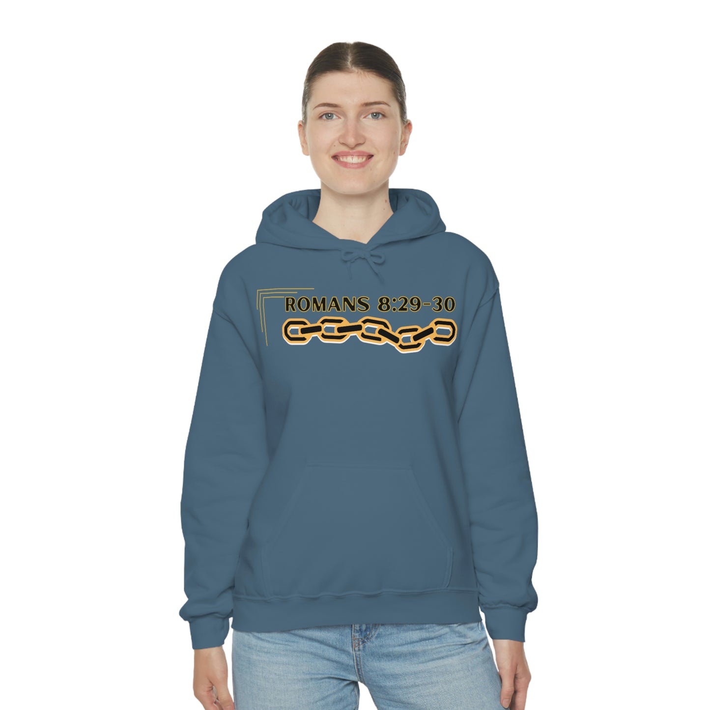 Unisex Golden Chain of Redemption (Romans 8:28-29) [Black] Heavy Blend™ Hooded Sweatshirt