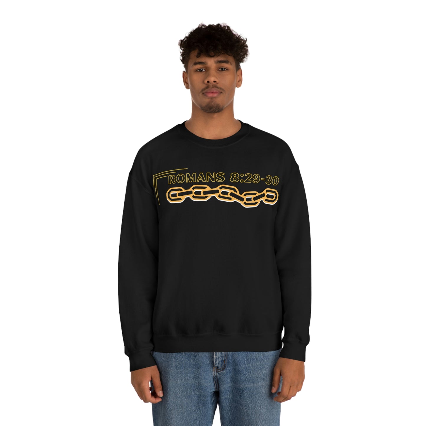 Unisex Golden Chain of Redemption (Romans 8:28-29) [Black] Heavy Blend™ Crewneck Sweatshirt