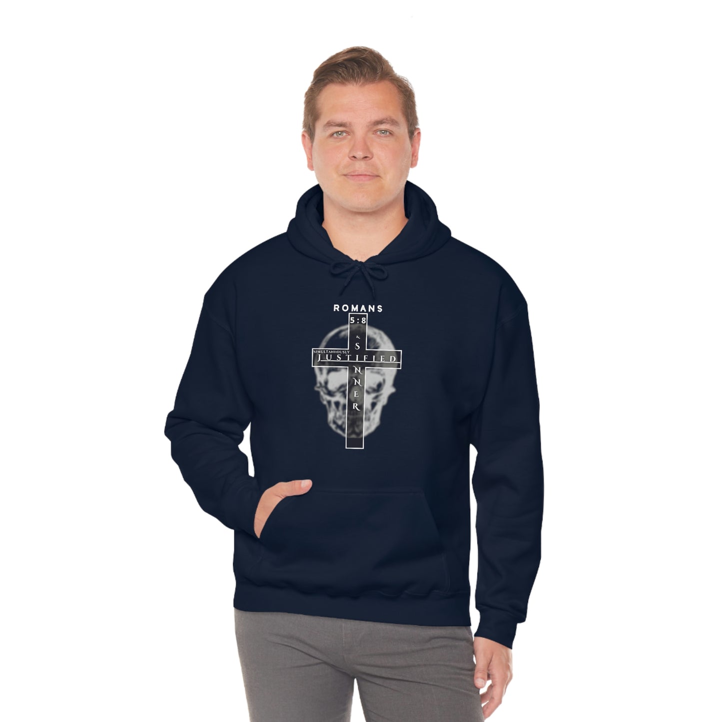 Men's Justified & Sinner (Romans 5:8) [White Art] Heavy Blend™ Hooded Sweatshirt