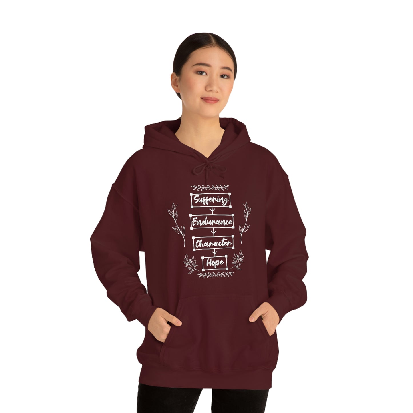 Women's Suffering Produces Hope (Romans 5:4) [White Text] Heavy Blend™ Hooded Sweatshirt