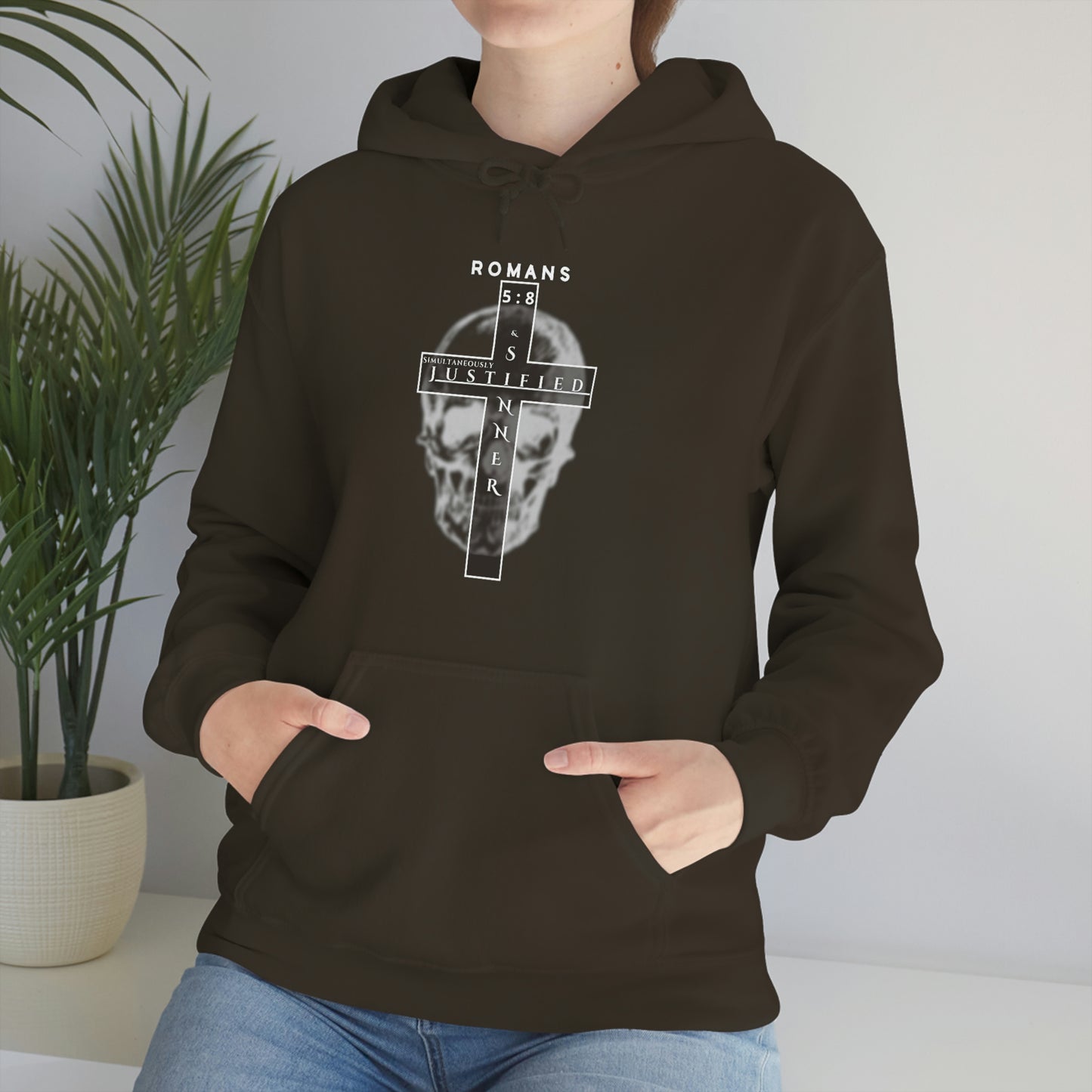 Men's Justified & Sinner (Romans 5:8) [White Art] Heavy Blend™ Hooded Sweatshirt