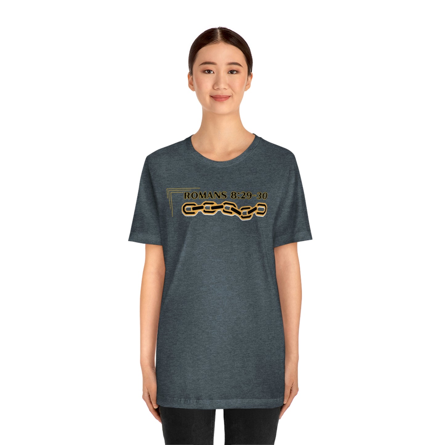 Unisex Golden Chain of Redemption (Romans 8:28-29) [Black] Short Sleeve T-Shirt