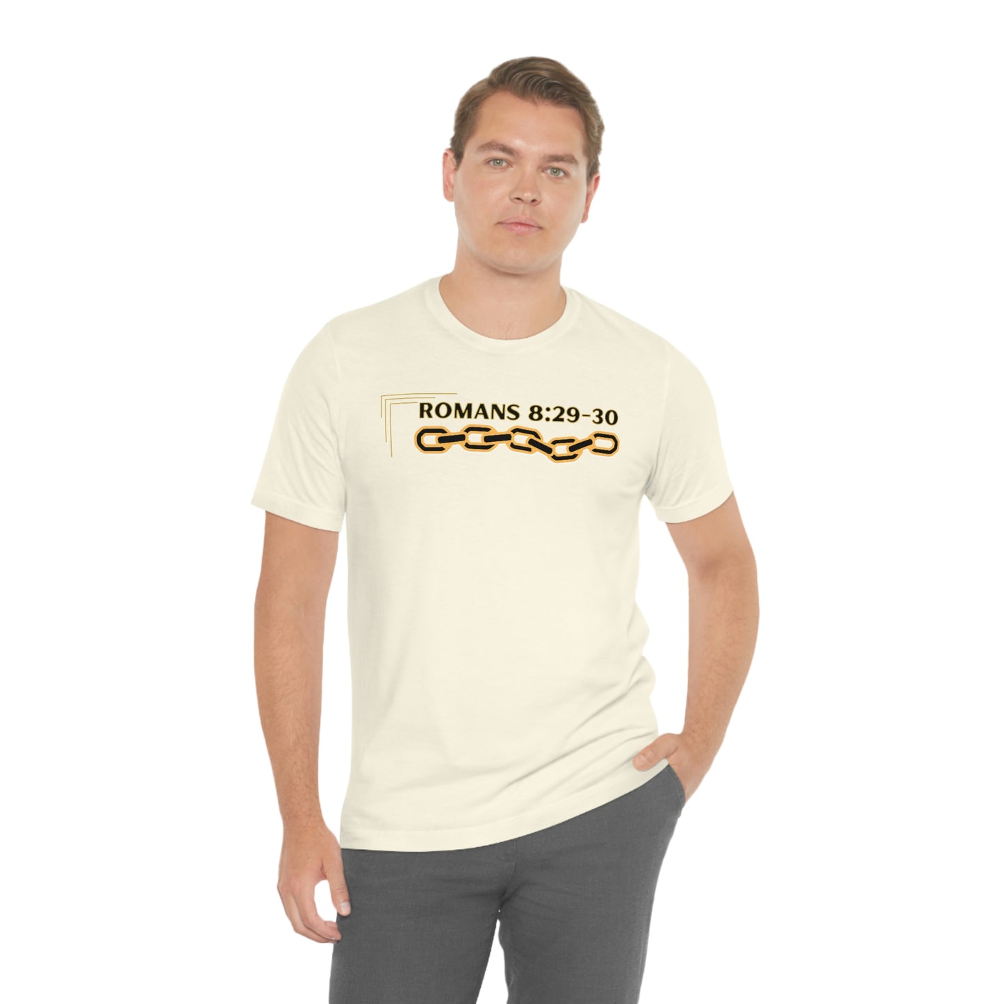 Unisex Golden Chain of Redemption (Romans 8:28-29) [Black] Short Sleeve T-Shirt