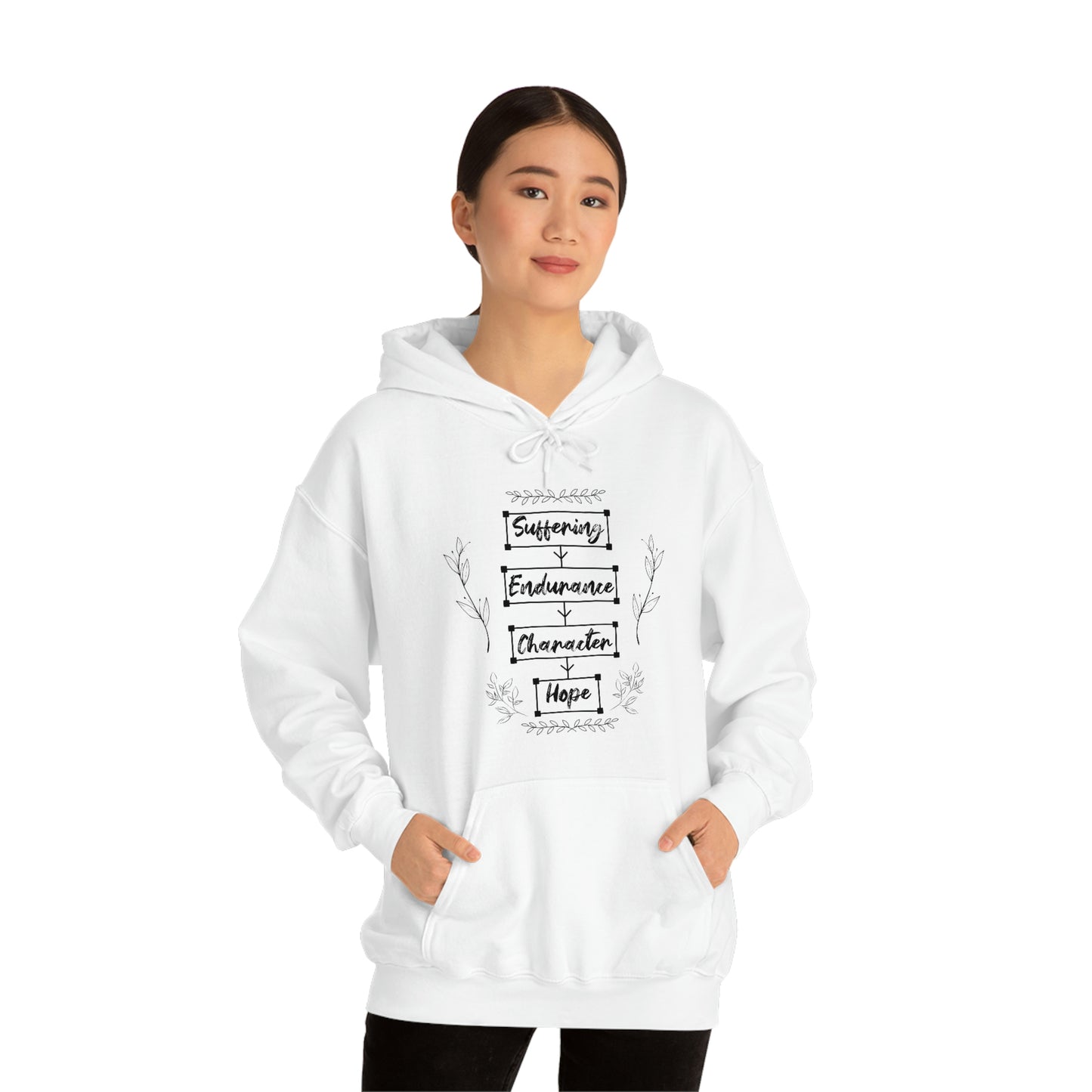 Women's Suffering Produces Hope (Romans 5:4) [Black Text] Heavy Blend™ Hooded Sweatshirt