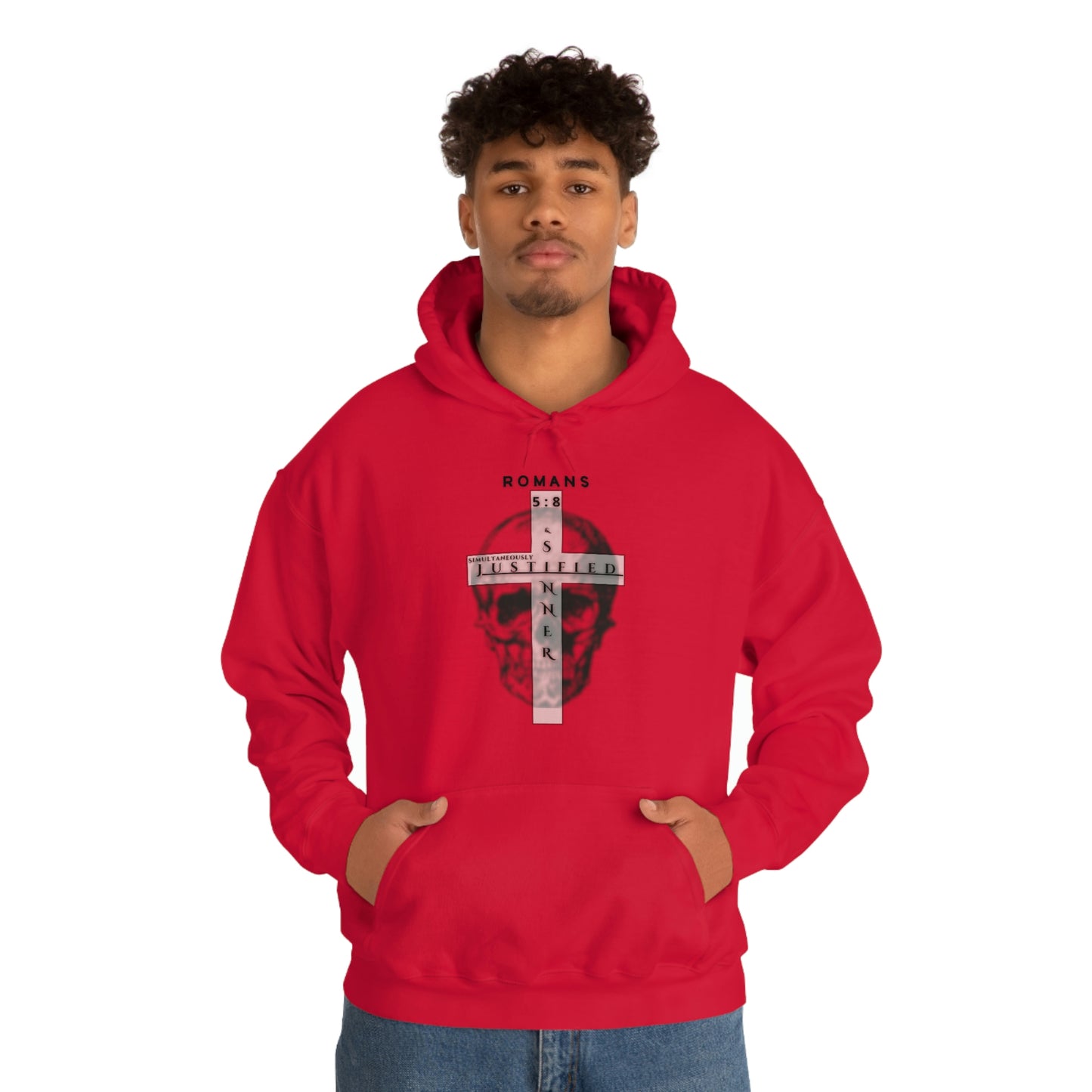 Men's Justified & Sinner (Romans 5:8) [Black Art] Heavy Blend™ Hooded Sweatshirt