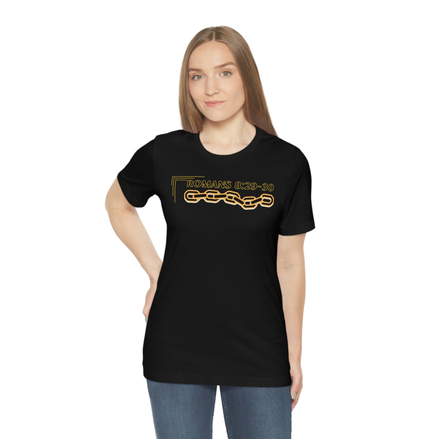 Unisex Golden Chain of Redemption (Romans 8:28-29) [Black] Short Sleeve T-Shirt