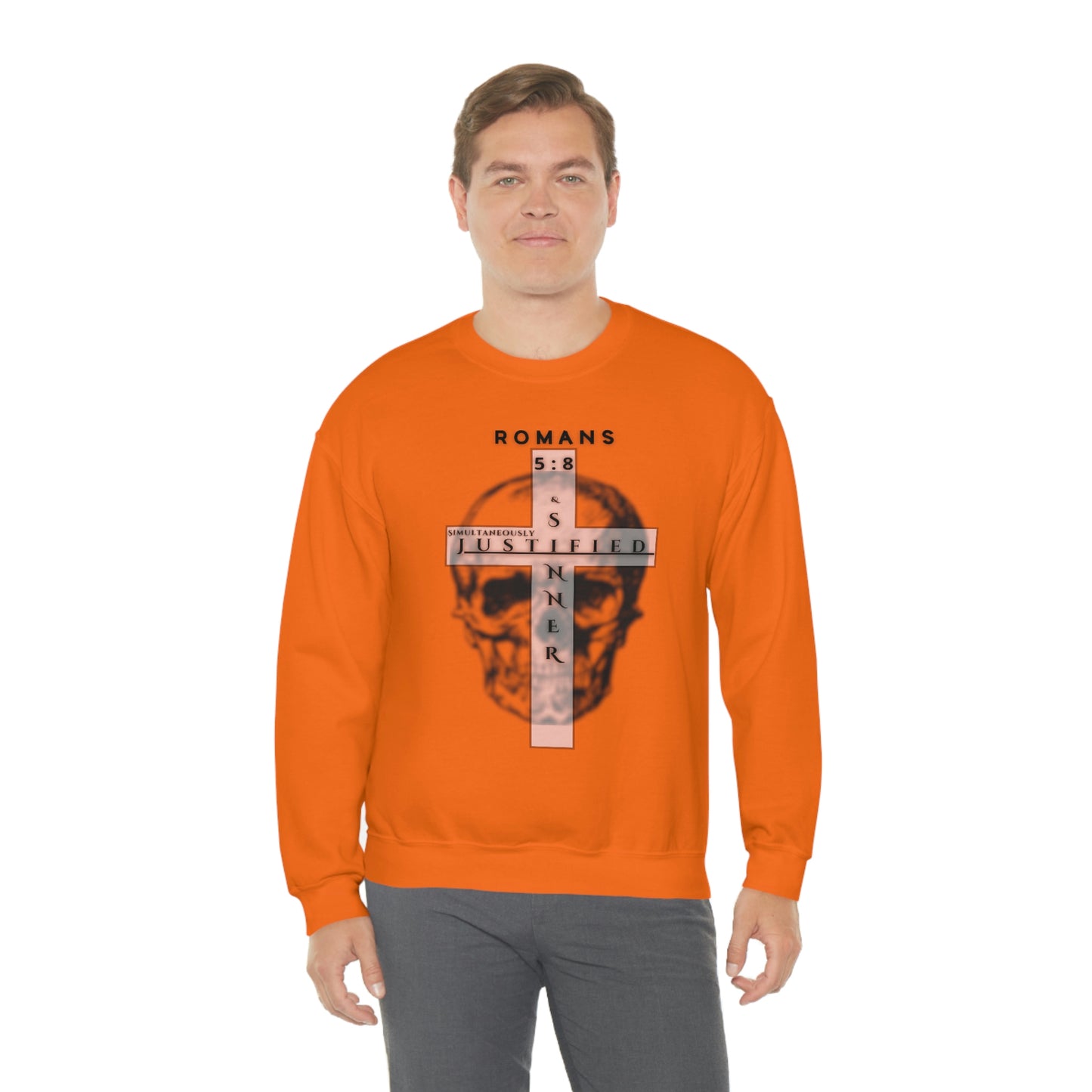 Men's Justified & Sinner (Romans 5:8) [Black Art] Heavy Blend™ Crewneck Sweatshirt