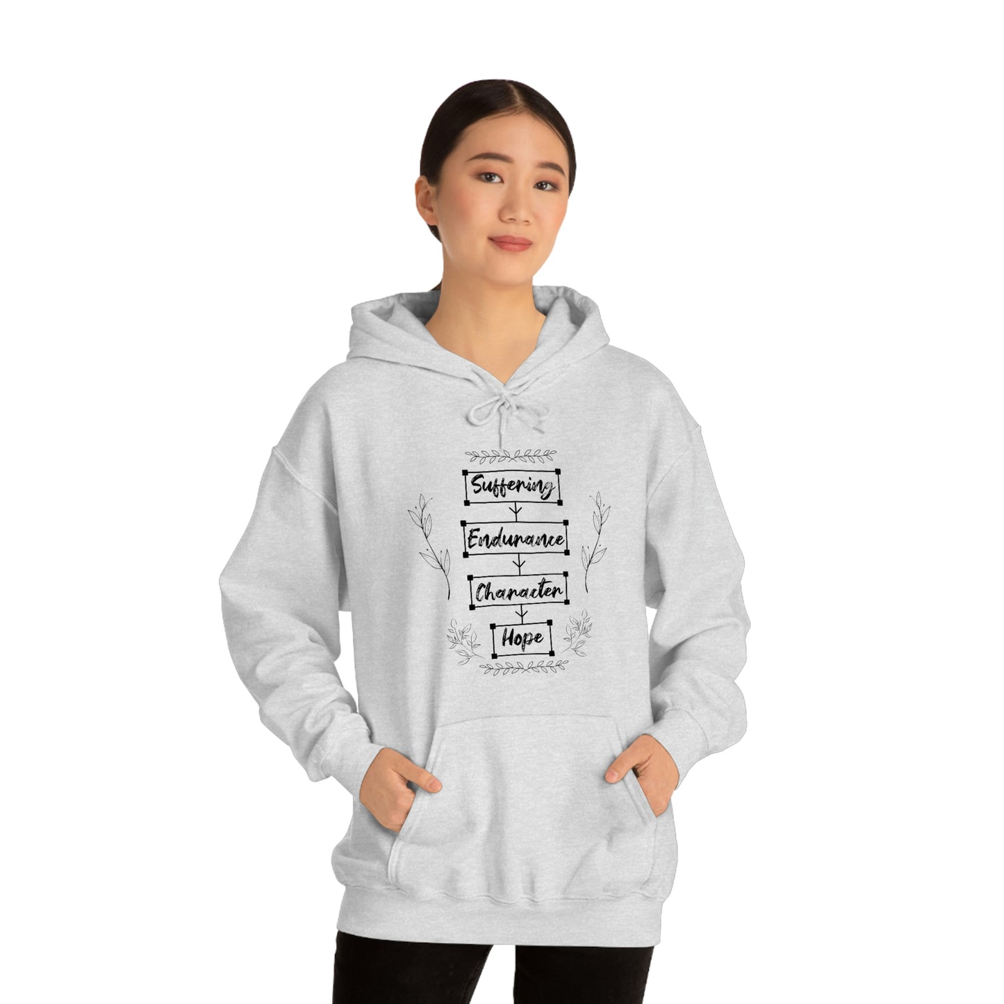 Women's Suffering Produces Hope (Romans 5:4) [Black Text] Heavy Blend™ Hooded Sweatshirt