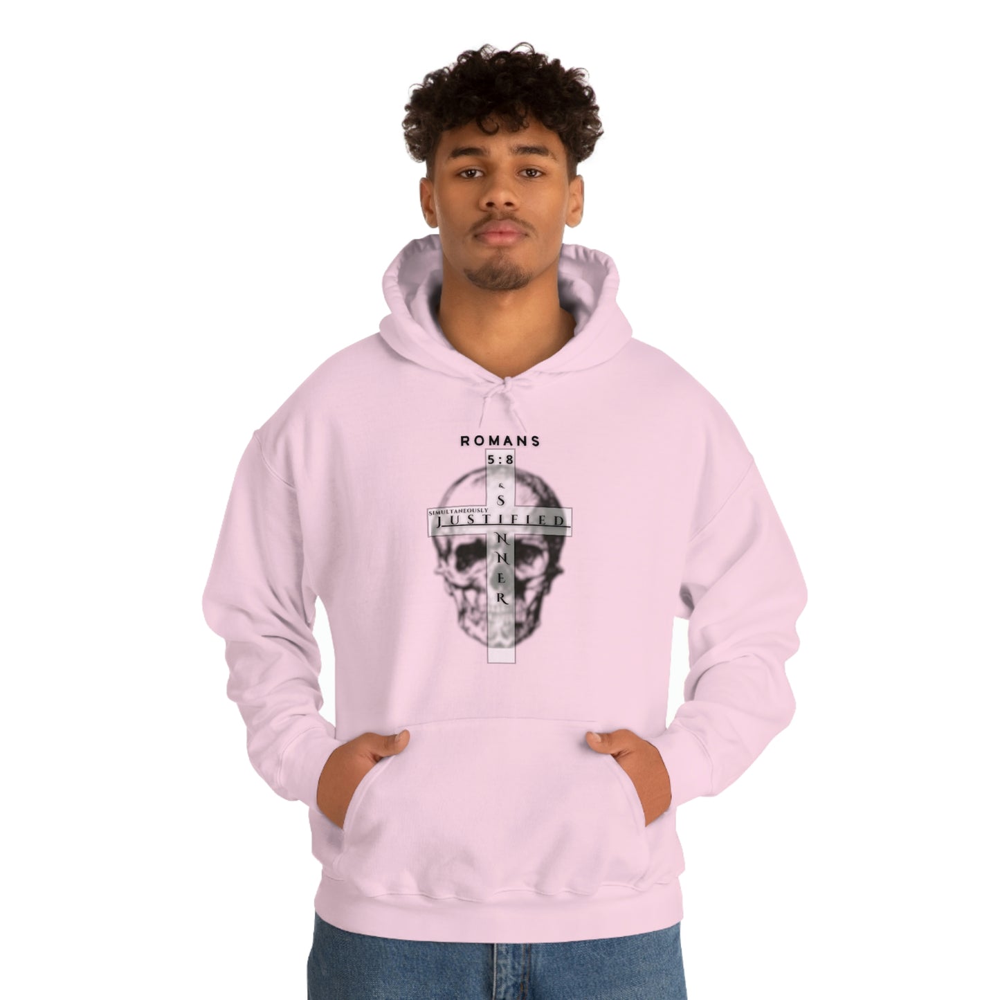 Men's Justified & Sinner (Romans 5:8) [Black Art] Heavy Blend™ Hooded Sweatshirt