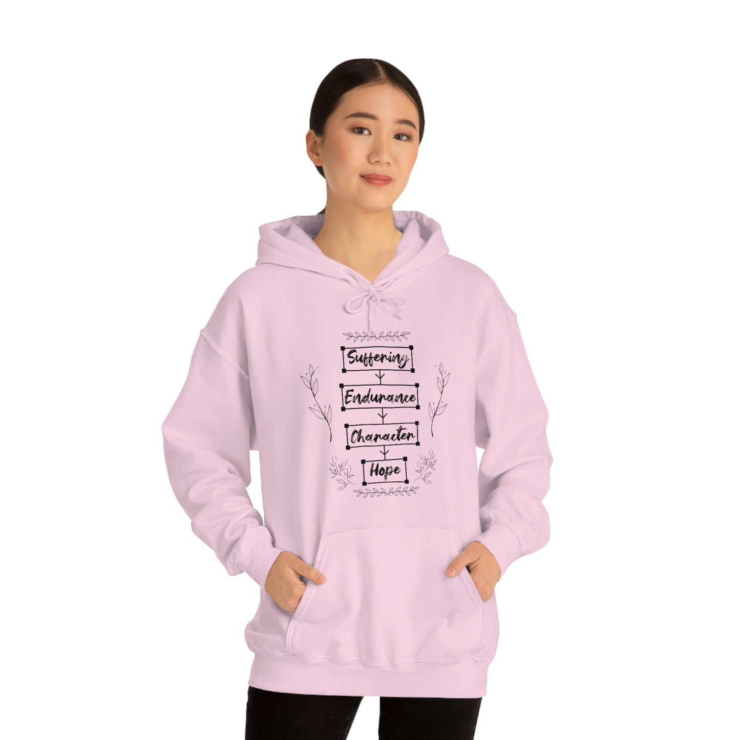 Women's Suffering Produces Hope (Romans 5:4) [Black Text] Heavy Blend™ Hooded Sweatshirt