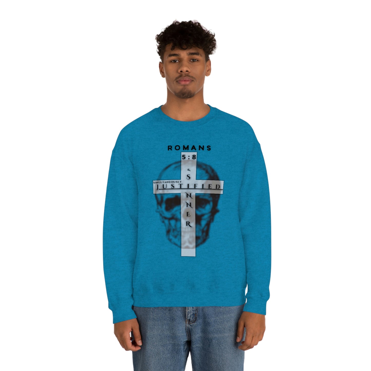 Men's Justified & Sinner (Romans 5:8) [Black Art] Heavy Blend™ Crewneck Sweatshirt