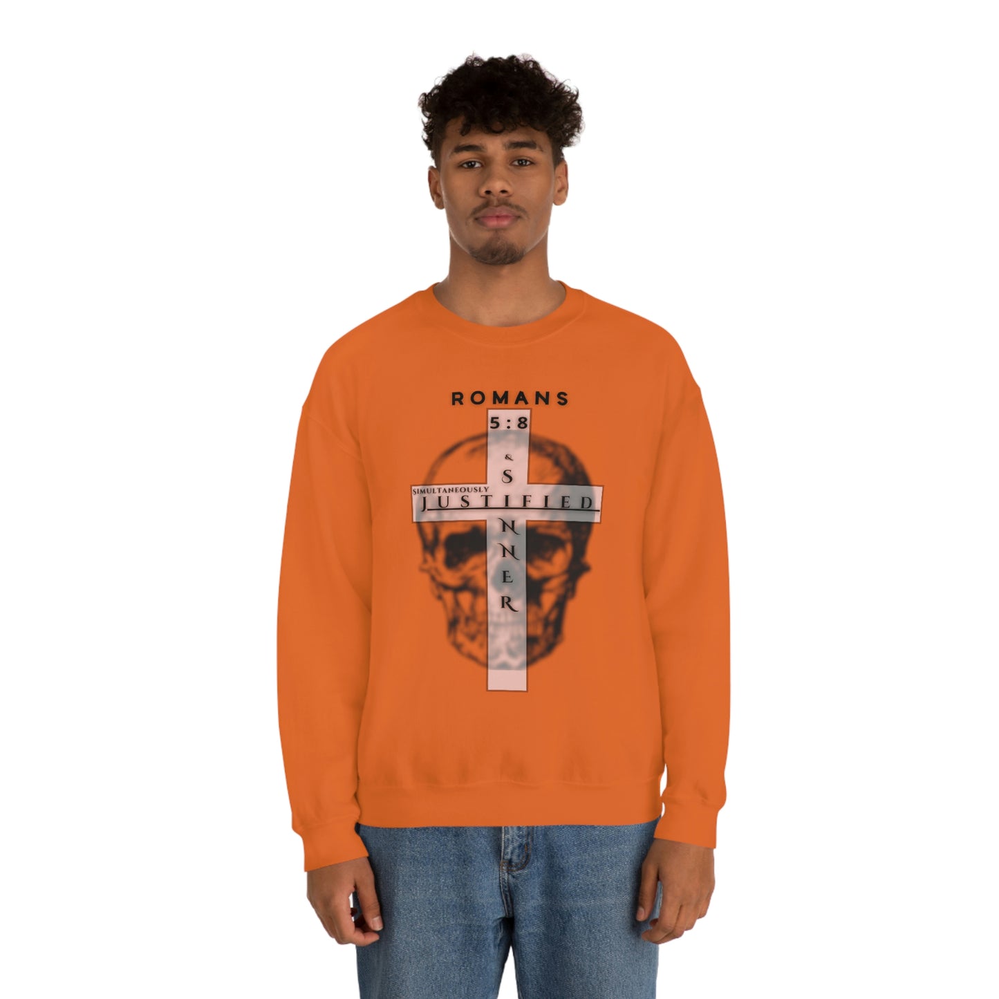 Men's Justified & Sinner (Romans 5:8) [Black Art] Heavy Blend™ Crewneck Sweatshirt