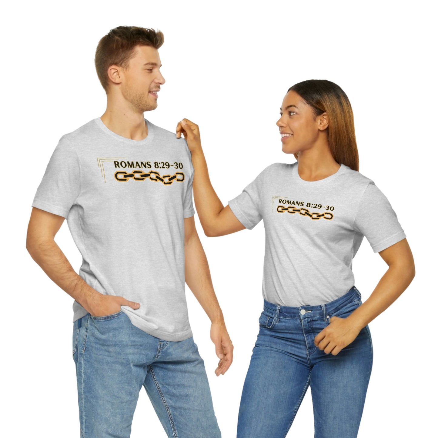 Unisex Golden Chain of Redemption (Romans 8:28-29) [Black] Short Sleeve T-Shirt