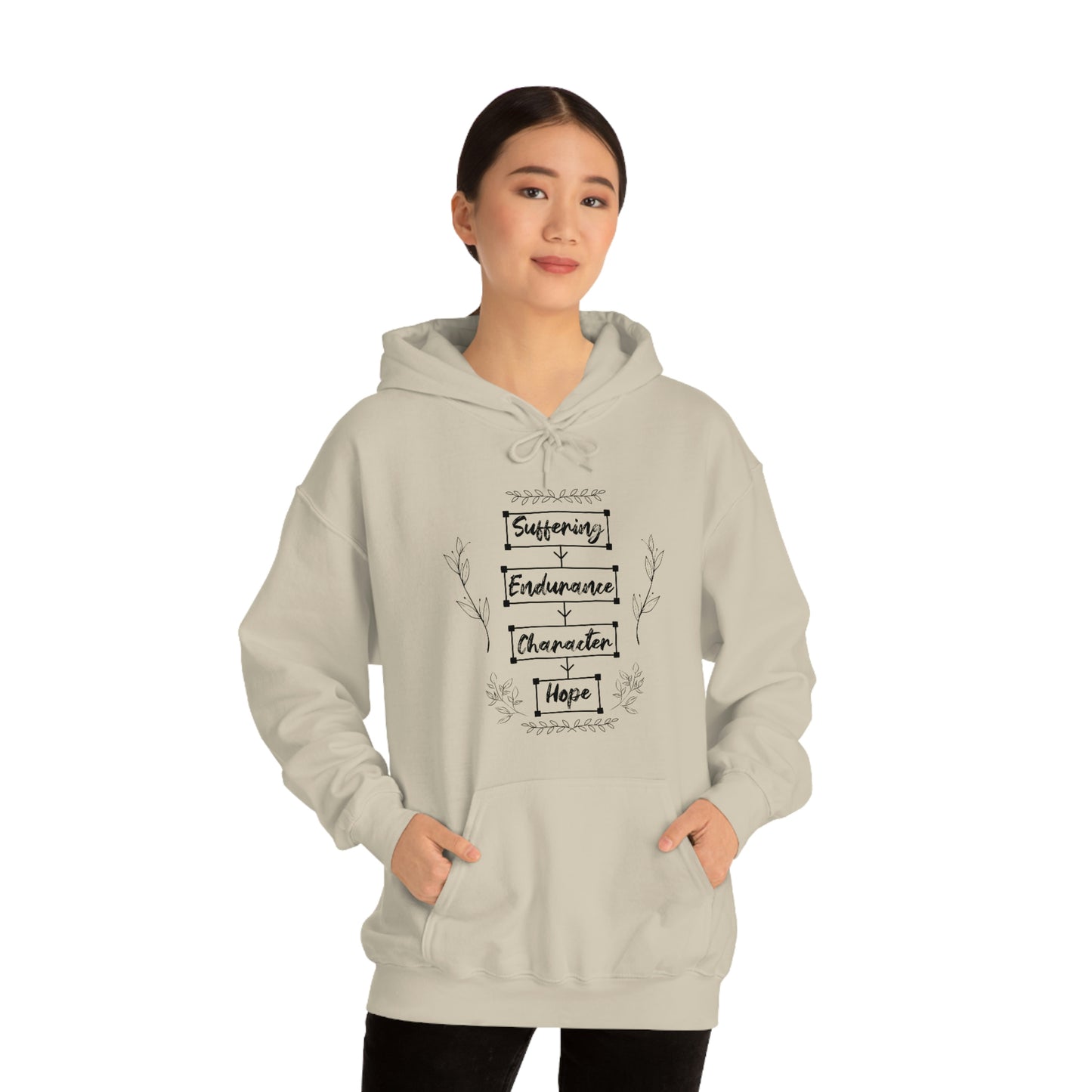 Women's Suffering Produces Hope (Romans 5:4) [Black Text] Heavy Blend™ Hooded Sweatshirt