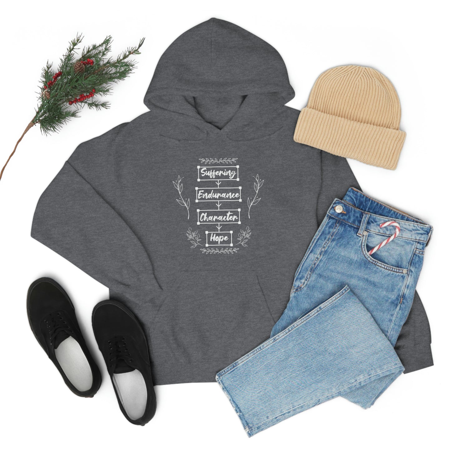 Women's Suffering Produces Hope (Romans 5:4) [White Text] Heavy Blend™ Hooded Sweatshirt