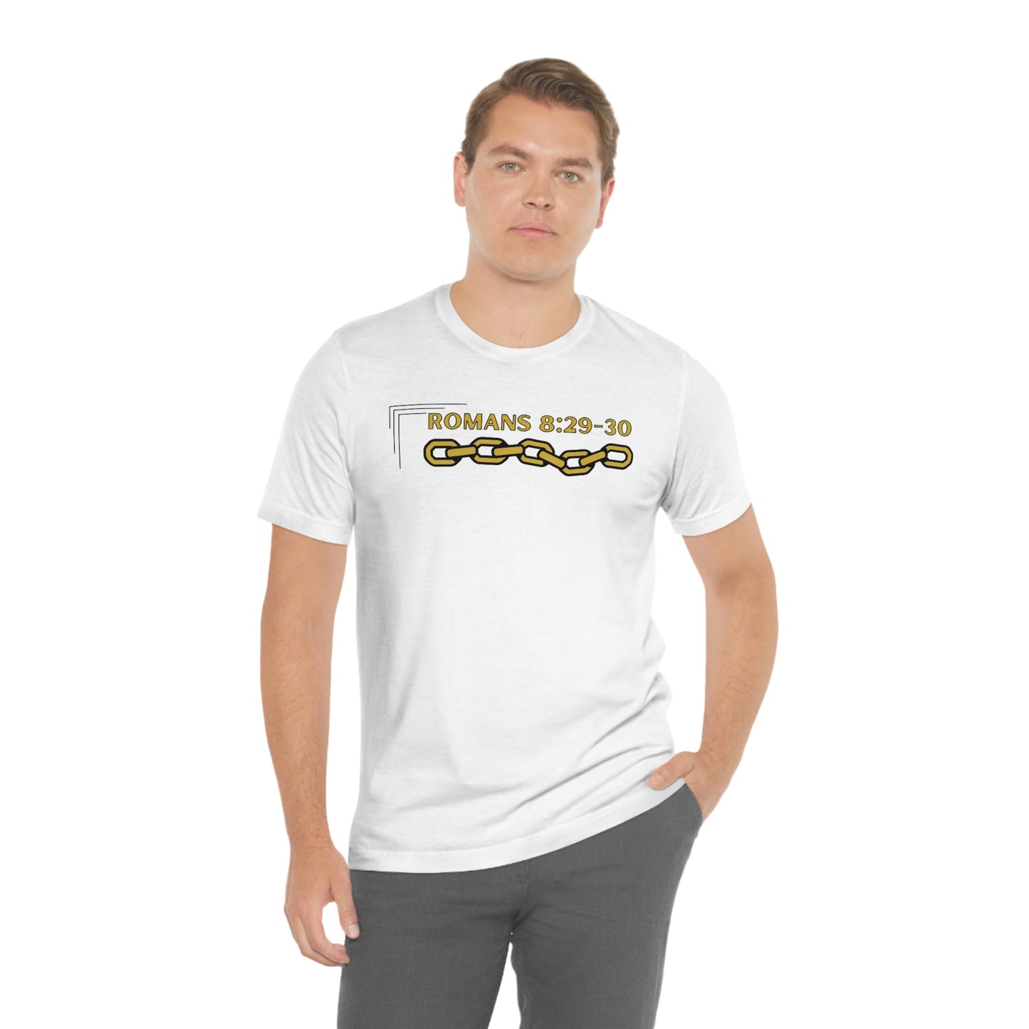 Unisex Golden Chain of Redemption (Romans 8:28-29) [Gold] Short Sleeve T-Shirt