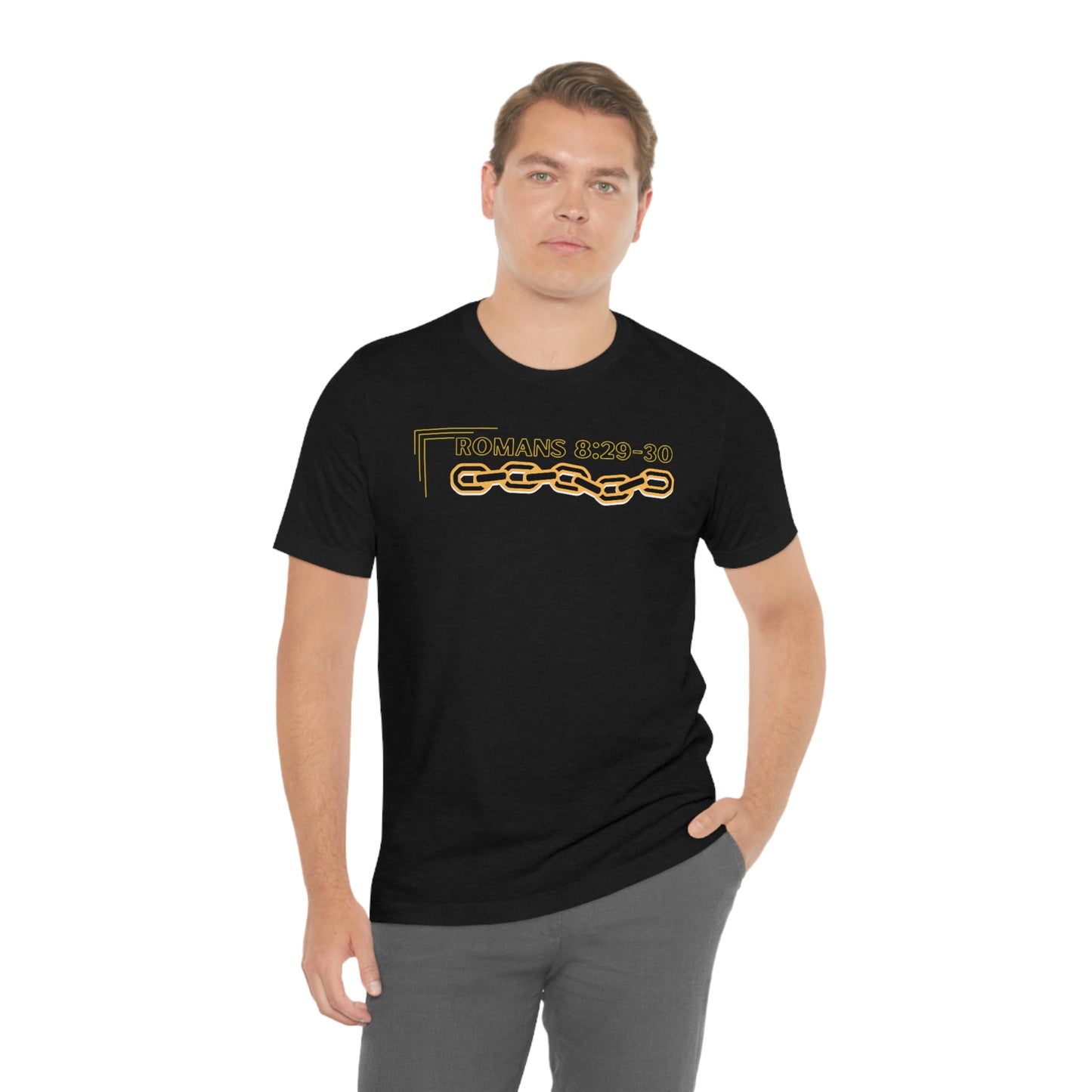 Unisex Golden Chain of Redemption (Romans 8:28-29) [Black] Short Sleeve T-Shirt