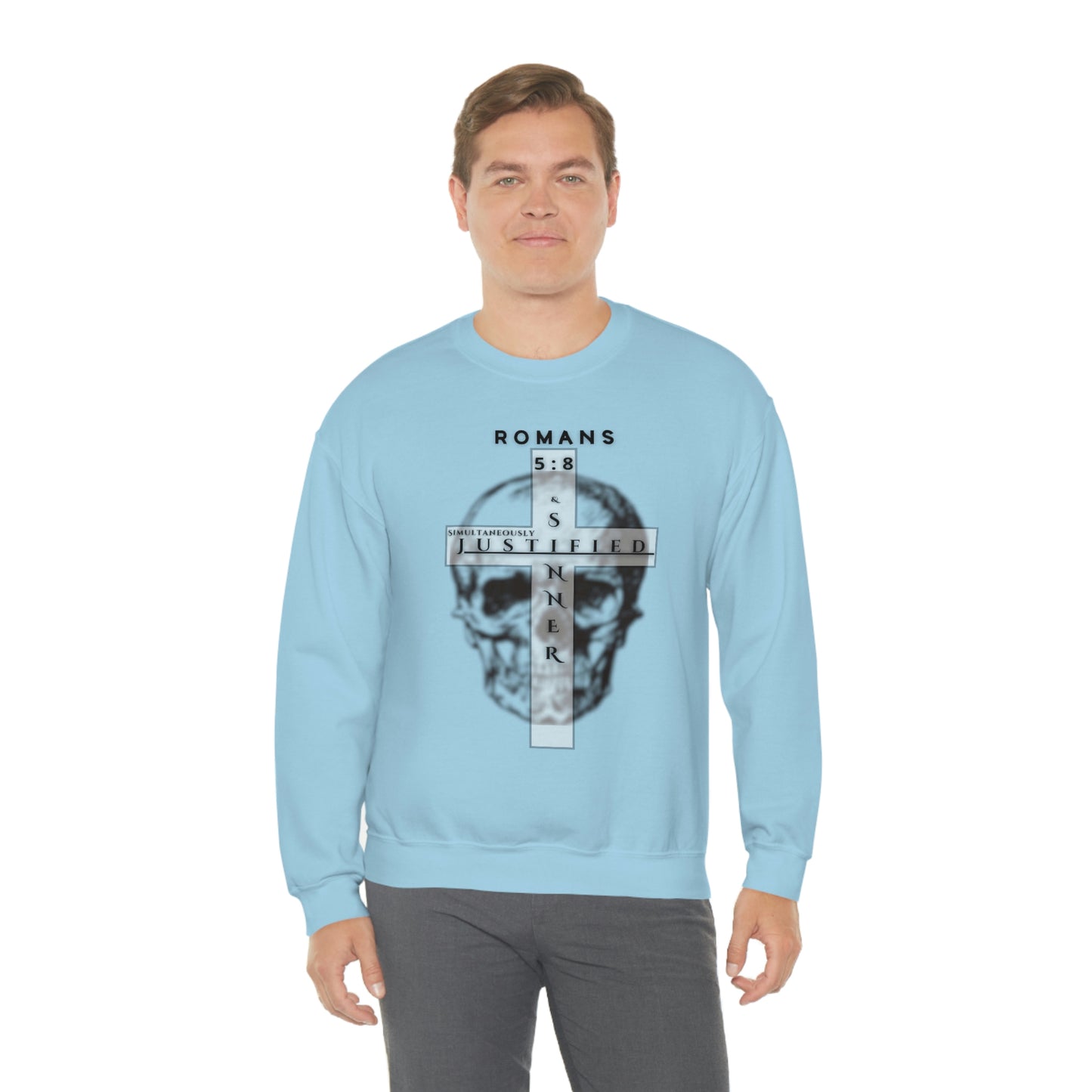 Men's Justified & Sinner (Romans 5:8) [Black Art] Heavy Blend™ Crewneck Sweatshirt