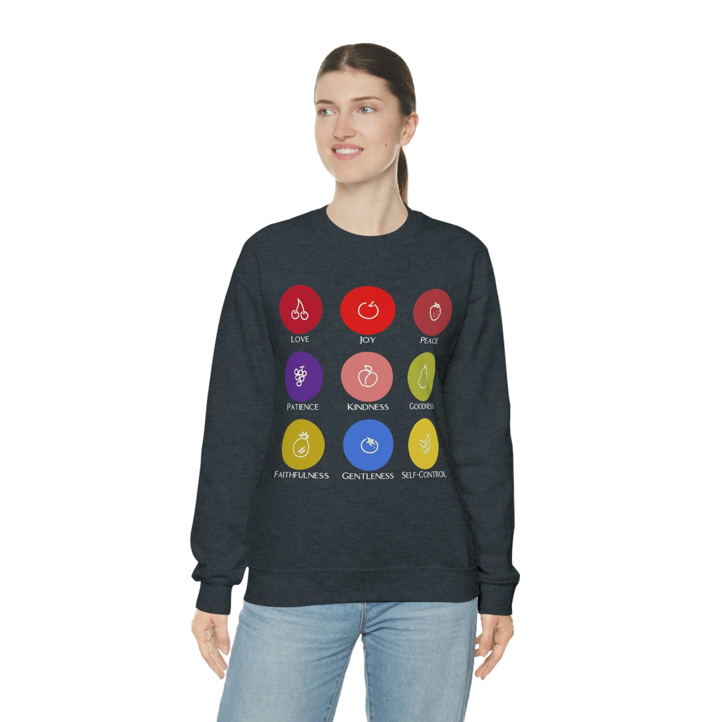 Unisex Fruits of the Spirit (White Text) Heavy Blend™ Crewneck Sweatshirt