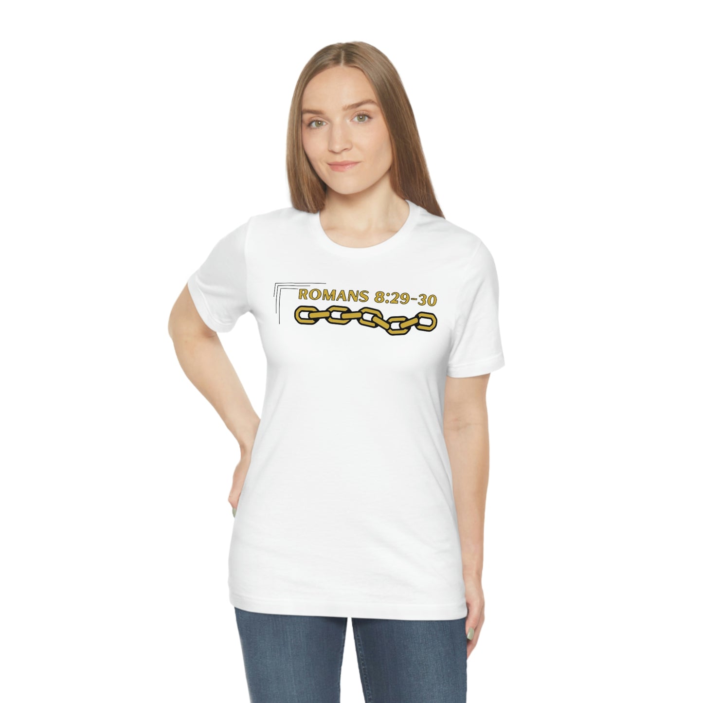 Unisex Golden Chain of Redemption (Romans 8:28-29) [Gold] Short Sleeve T-Shirt