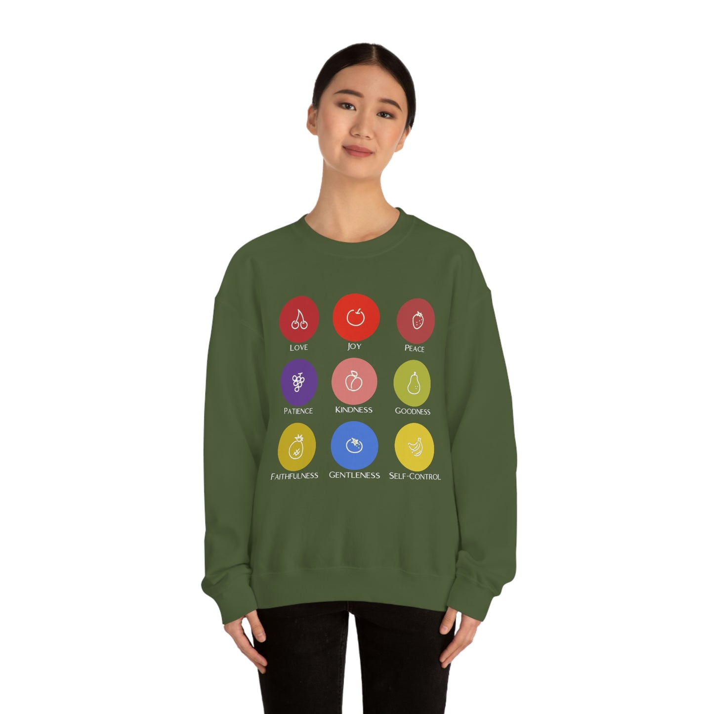 Unisex Fruits of the Spirit (White Text) Heavy Blend™ Crewneck Sweatshirt