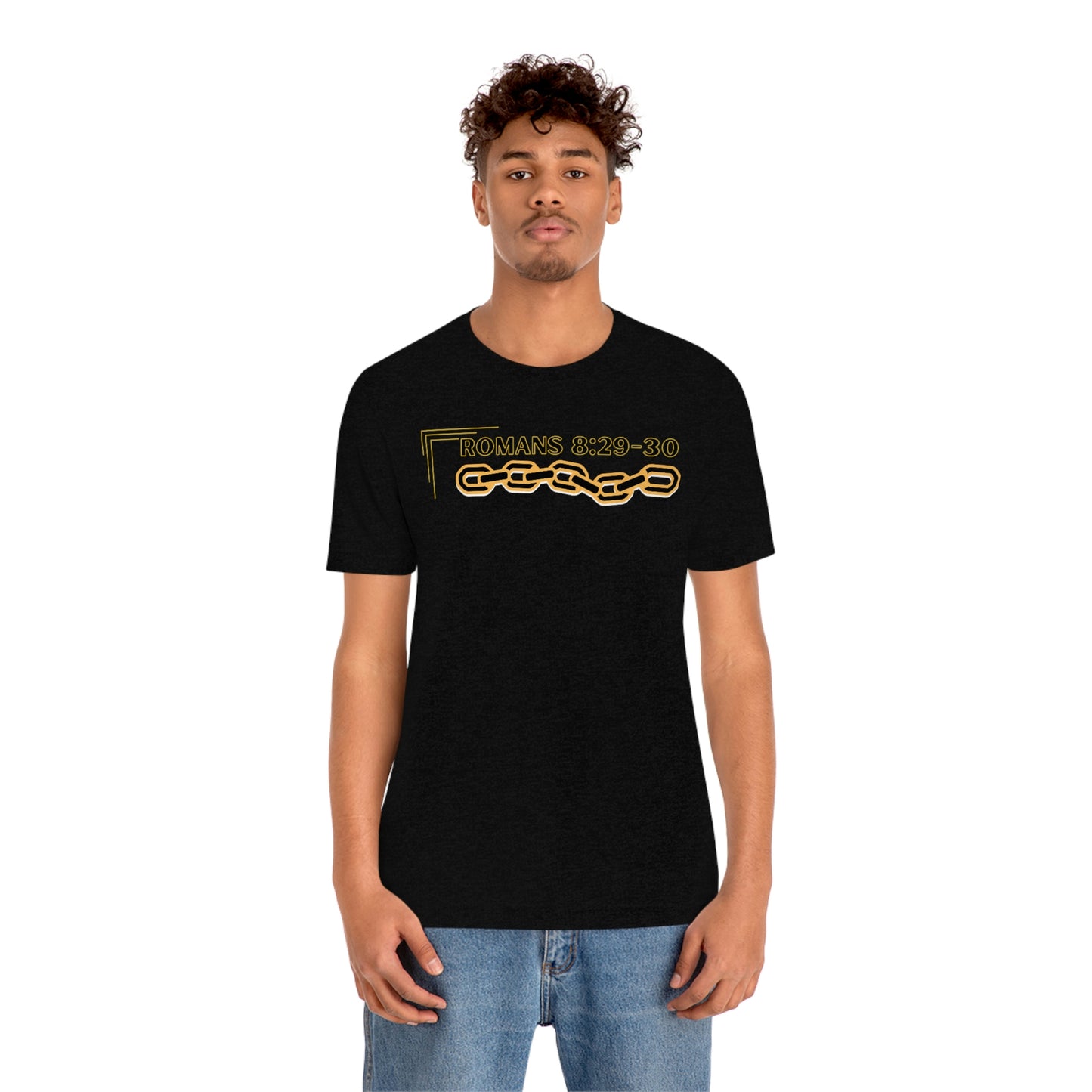 Unisex Golden Chain of Redemption (Romans 8:28-29) [Black] Short Sleeve T-Shirt