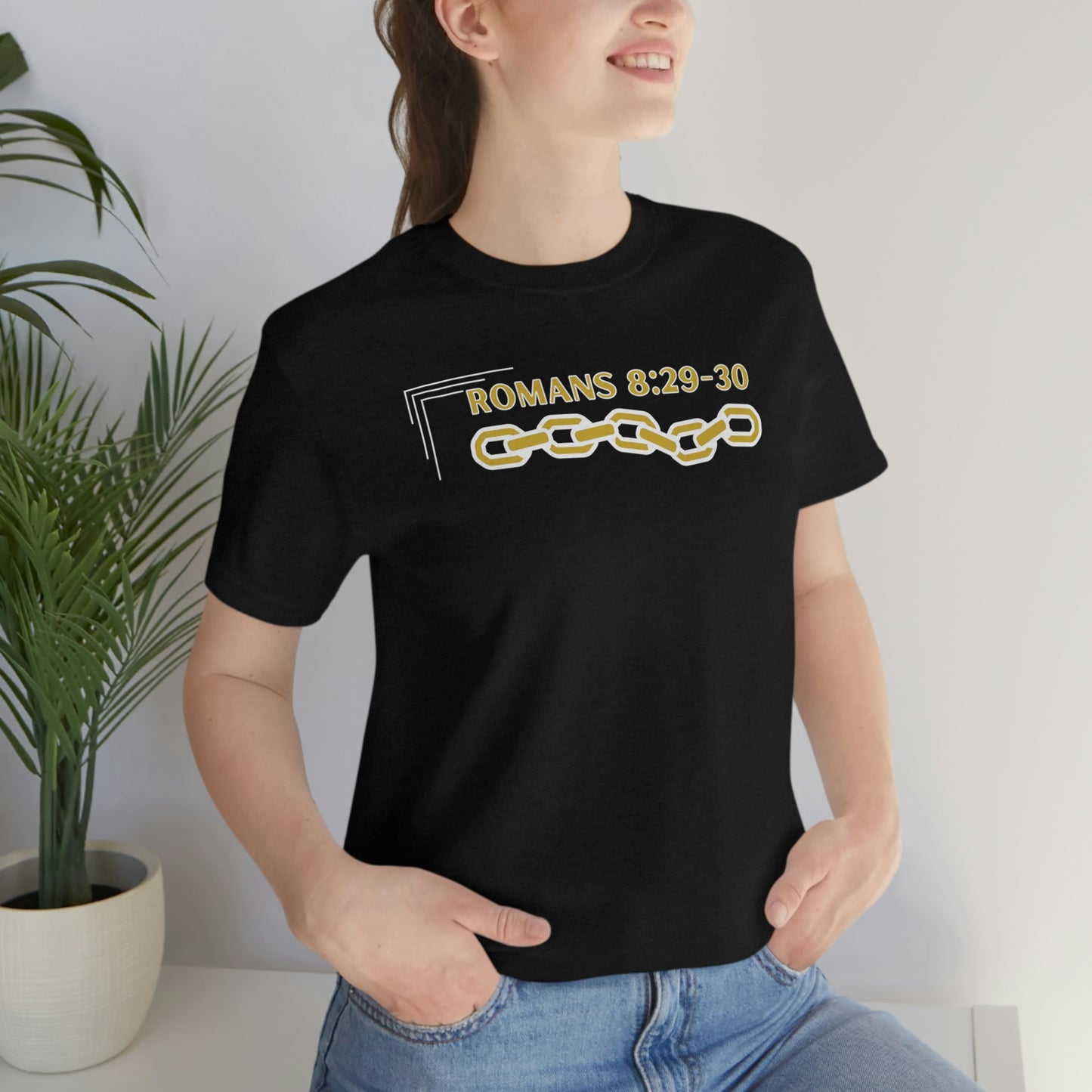 Unisex Golden Chain of Redemption (Romans 8:28-29) [White] Short Sleeve T-Shirt