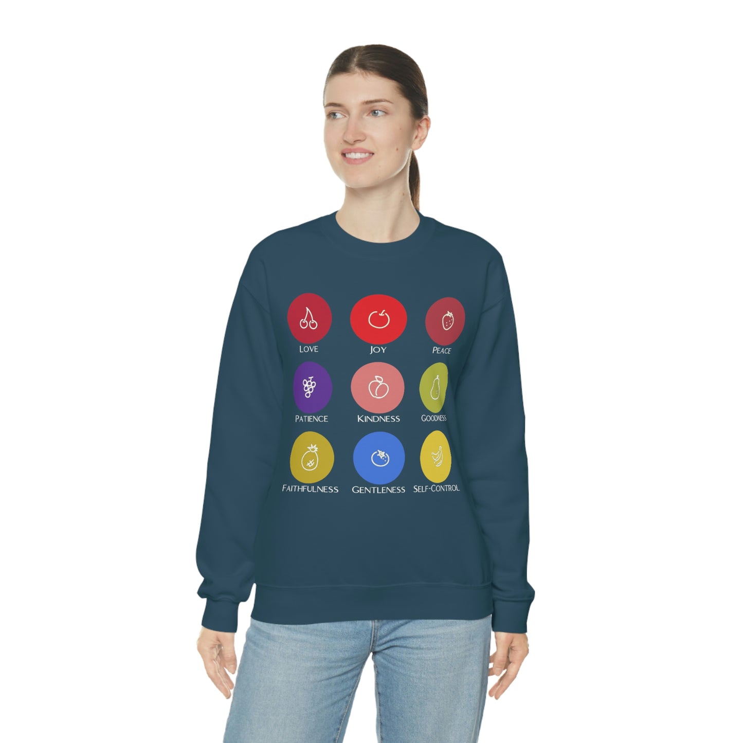 Unisex Fruits of the Spirit (White Text) Heavy Blend™ Crewneck Sweatshirt