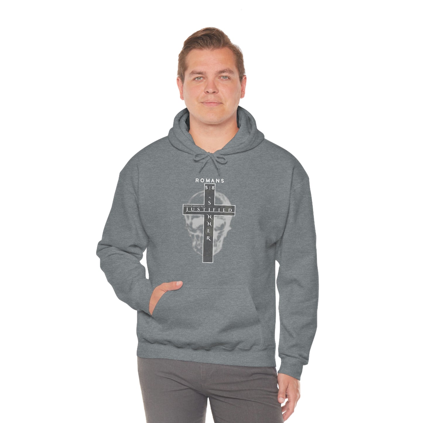 Men's Justified & Sinner (Romans 5:8) [White Art] Heavy Blend™ Hooded Sweatshirt