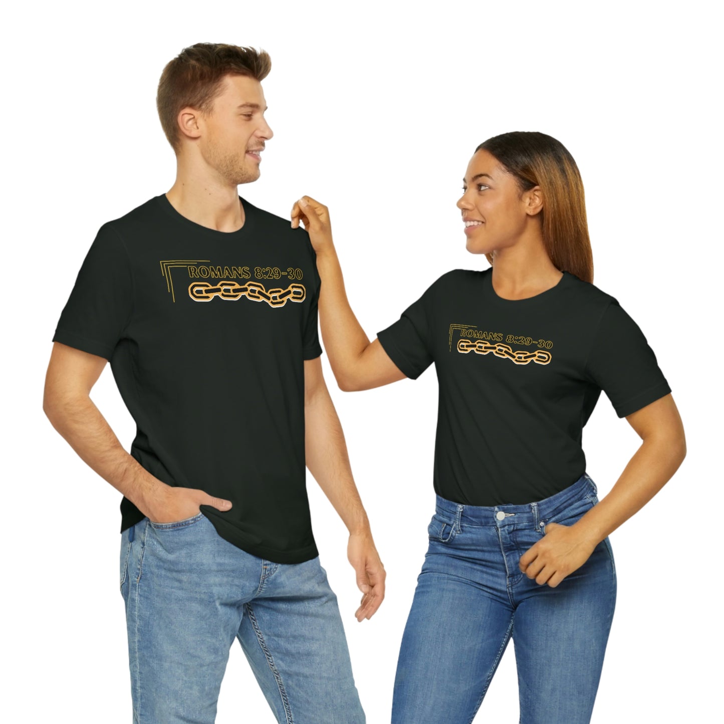 Unisex Golden Chain of Redemption (Romans 8:28-29) [Black] Short Sleeve T-Shirt