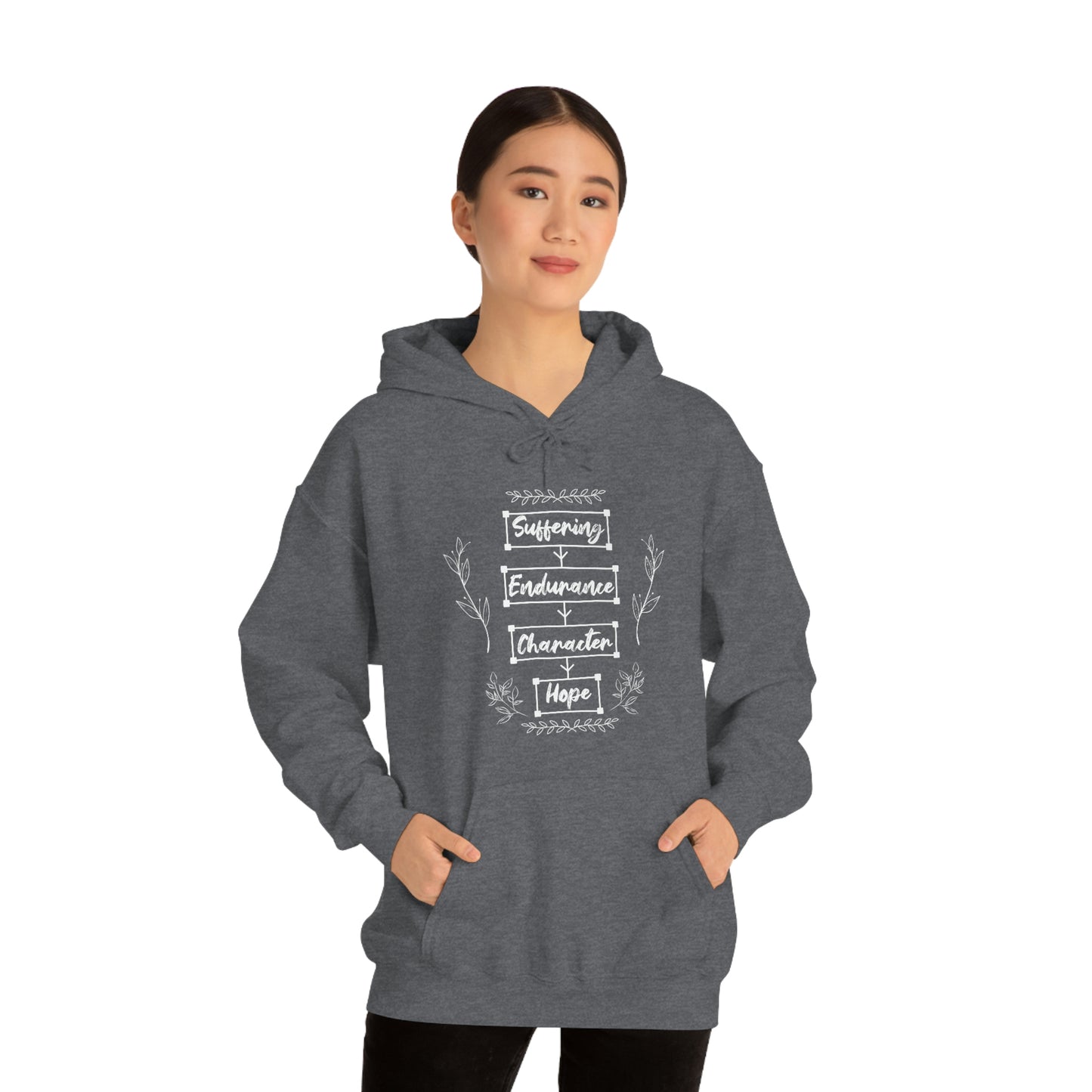 Women's Suffering Produces Hope (Romans 5:4) [White Text] Heavy Blend™ Hooded Sweatshirt