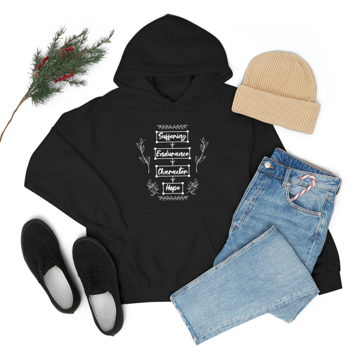 Women's Suffering Produces Hope (Romans 5:4) [White Text] Heavy Blend™ Hooded Sweatshirt