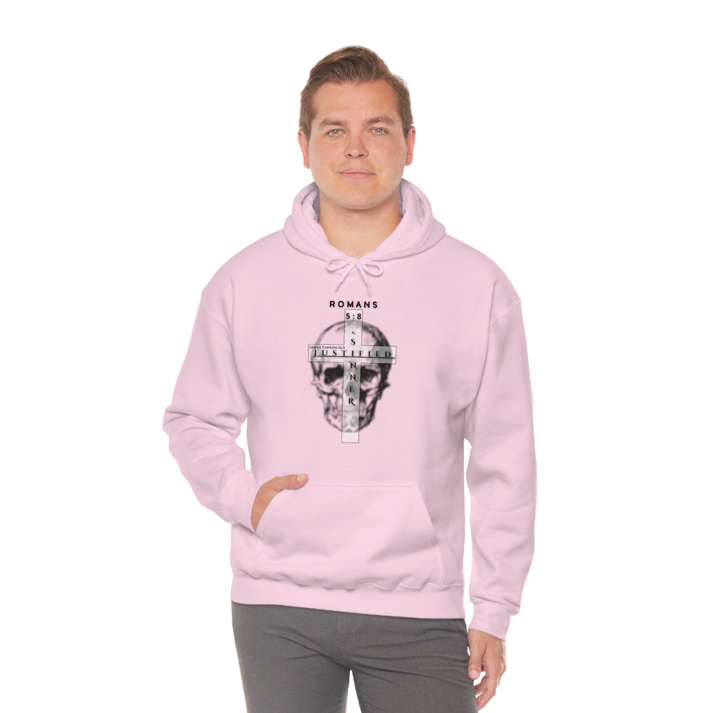 Men's Justified & Sinner (Romans 5:8) [Black Art] Heavy Blend™ Hooded Sweatshirt