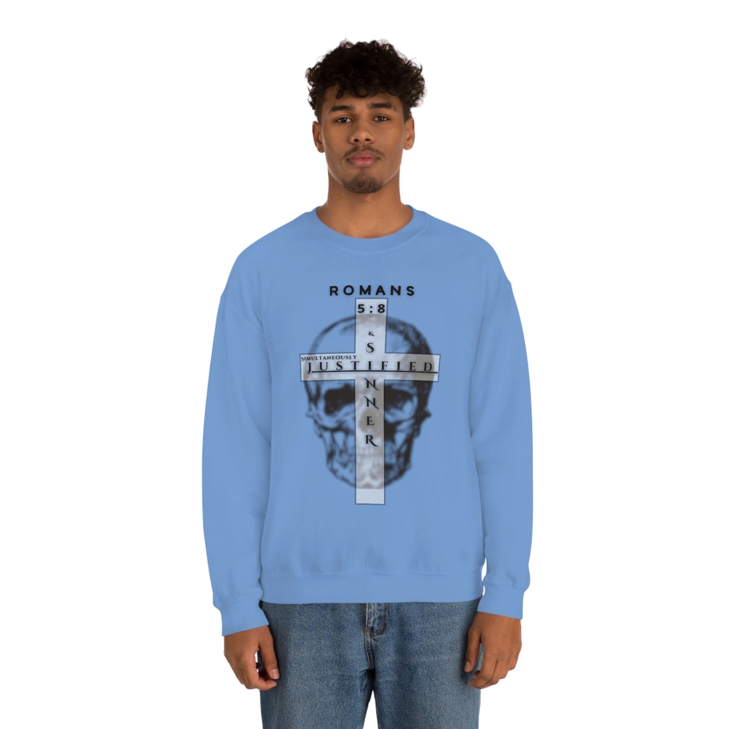 Men's Justified & Sinner (Romans 5:8) [Black Art] Heavy Blend™ Crewneck Sweatshirt