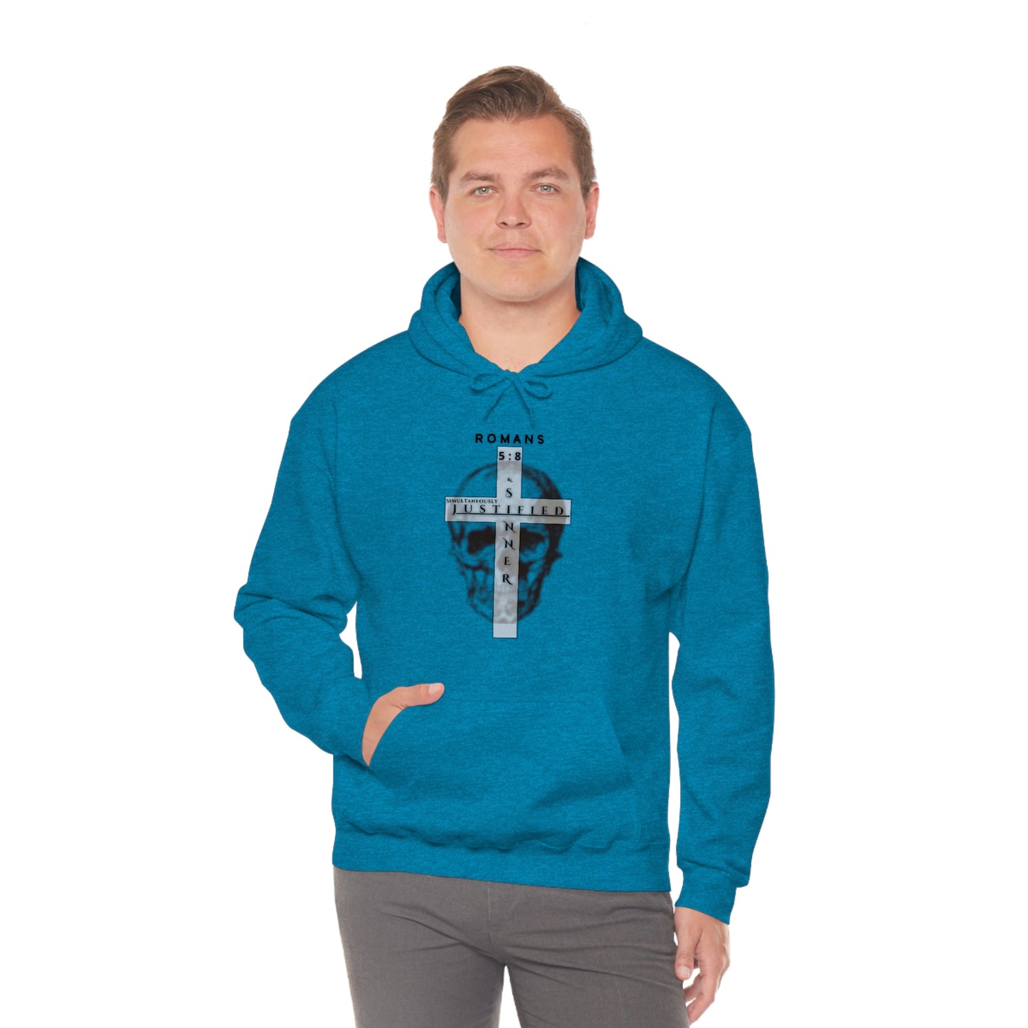 Men's Justified & Sinner (Romans 5:8) [Black Art] Heavy Blend™ Hooded Sweatshirt