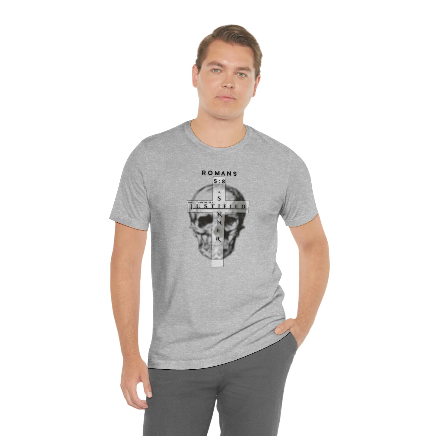 Men's Justified & Sinner (Romans 5:8) [Black Art] Short Sleeve T-Shirt