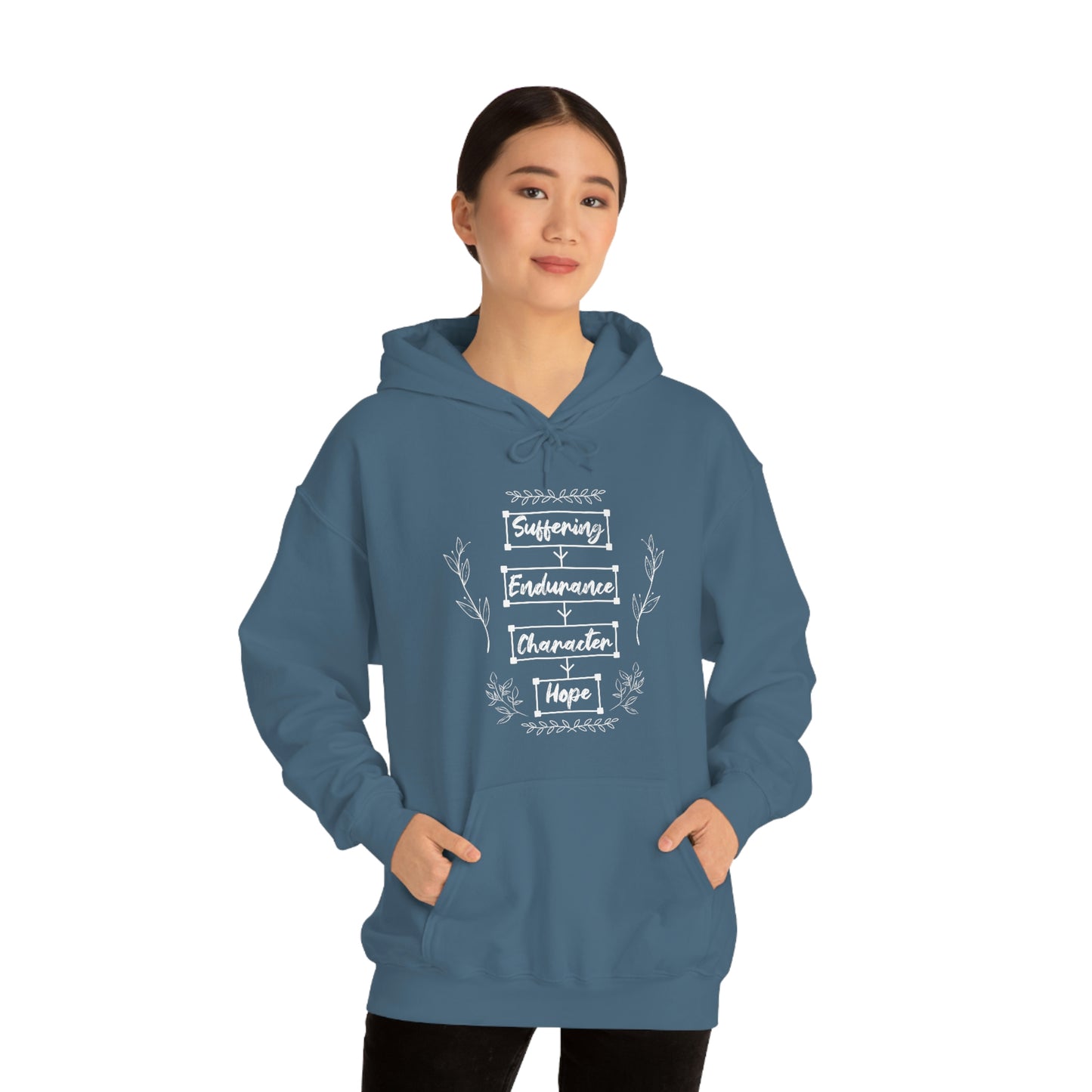 Women's Suffering Produces Hope (Romans 5:4) [White Text] Heavy Blend™ Hooded Sweatshirt